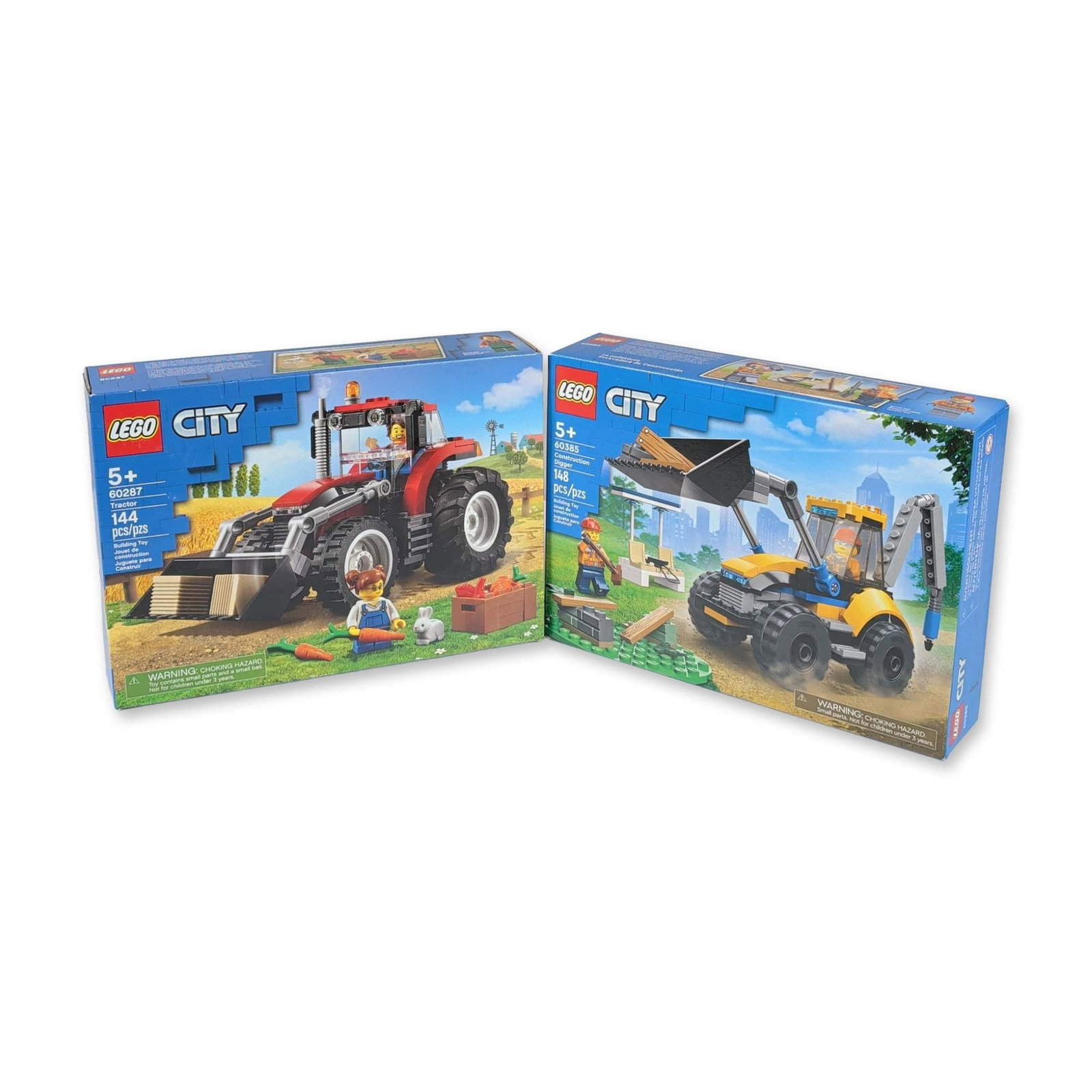 LEGO City Construction Digger and Tractor Building Sets: LEGO. Pair of City series building sets in plastic. Includes Construction Digger set 60385 and Tractor set 60287. The Digger set contains 148 pieces and includes two worker minifigures. The Tractor se