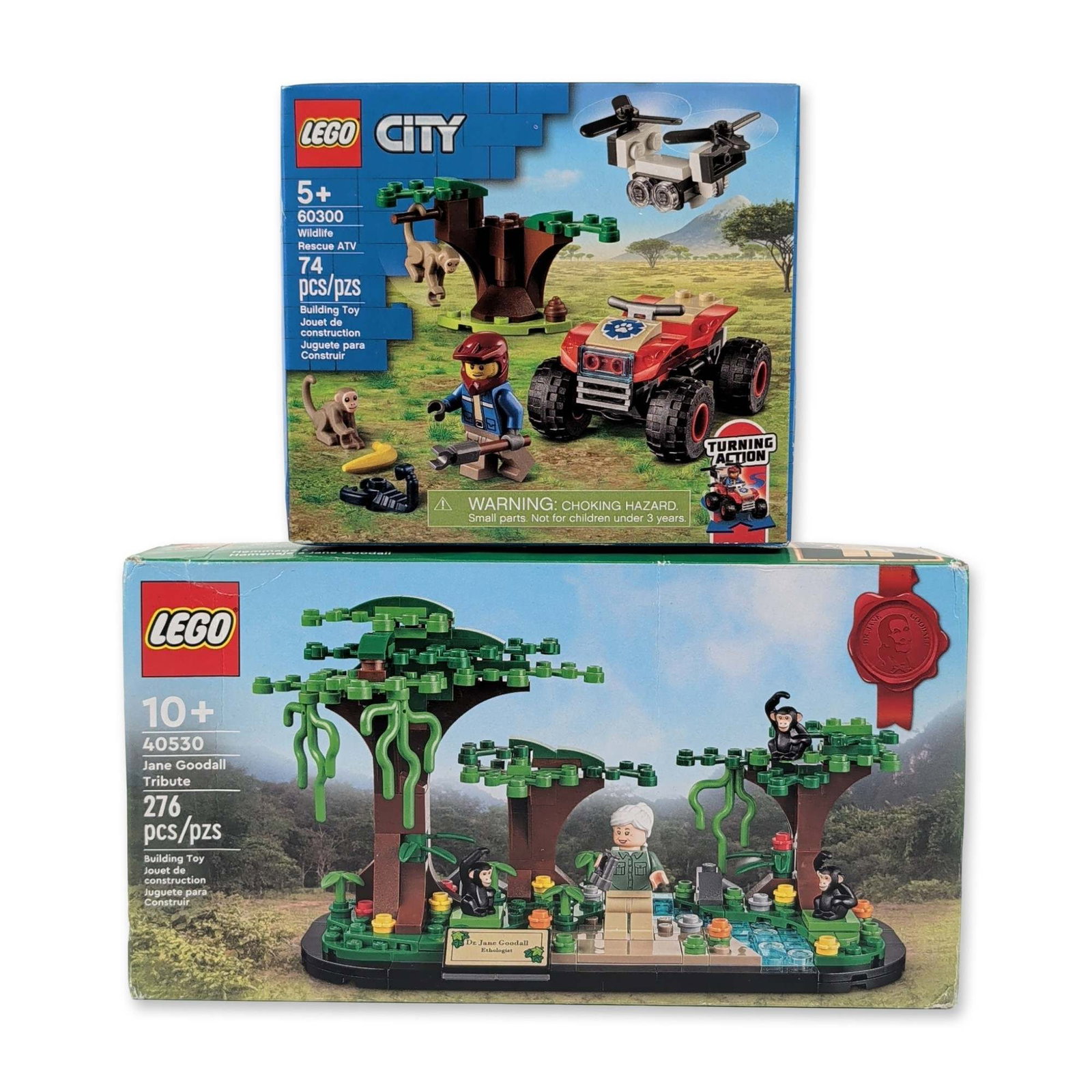 A Pair of LEGO Wildlife Conservation Construction Sets: LEGO group of two factory-sealed construction sets in molded plastic, including sets 60300 and 40530. Set 60300 Wildlife Rescue ATV contains 74 pieces and features a red ATV with turning action steeri