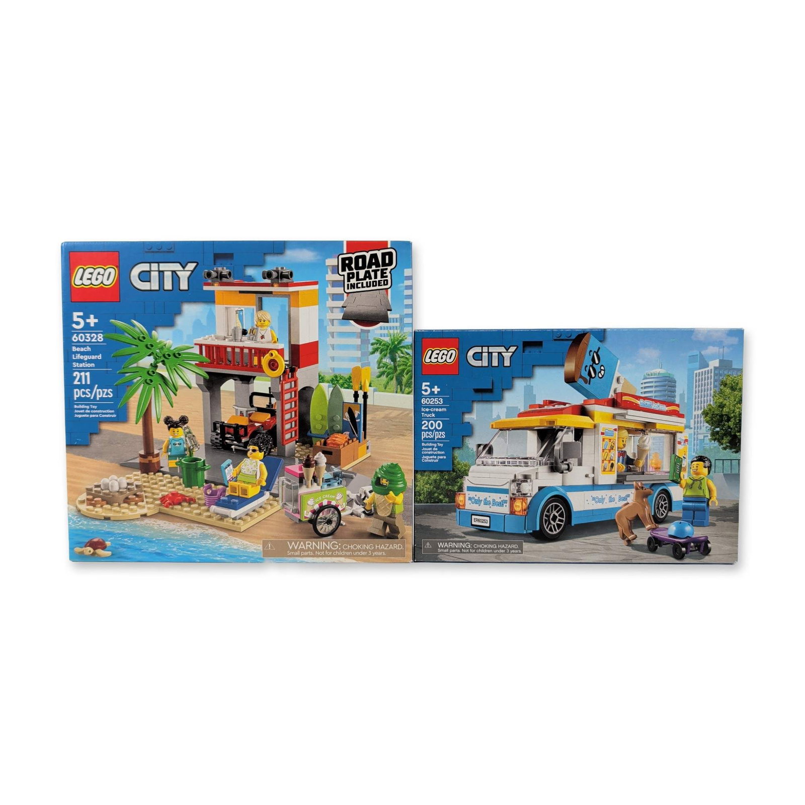 Pair of LEGO City Factory Sealed Construction Sets: Pair of LEGO City theme construction building sets in plastic, featuring the Ice-Cream Truck and Beach Lifeguard Station. The lot includes set number 60253 Ice-Cream Truck with 200 pieces and set numb