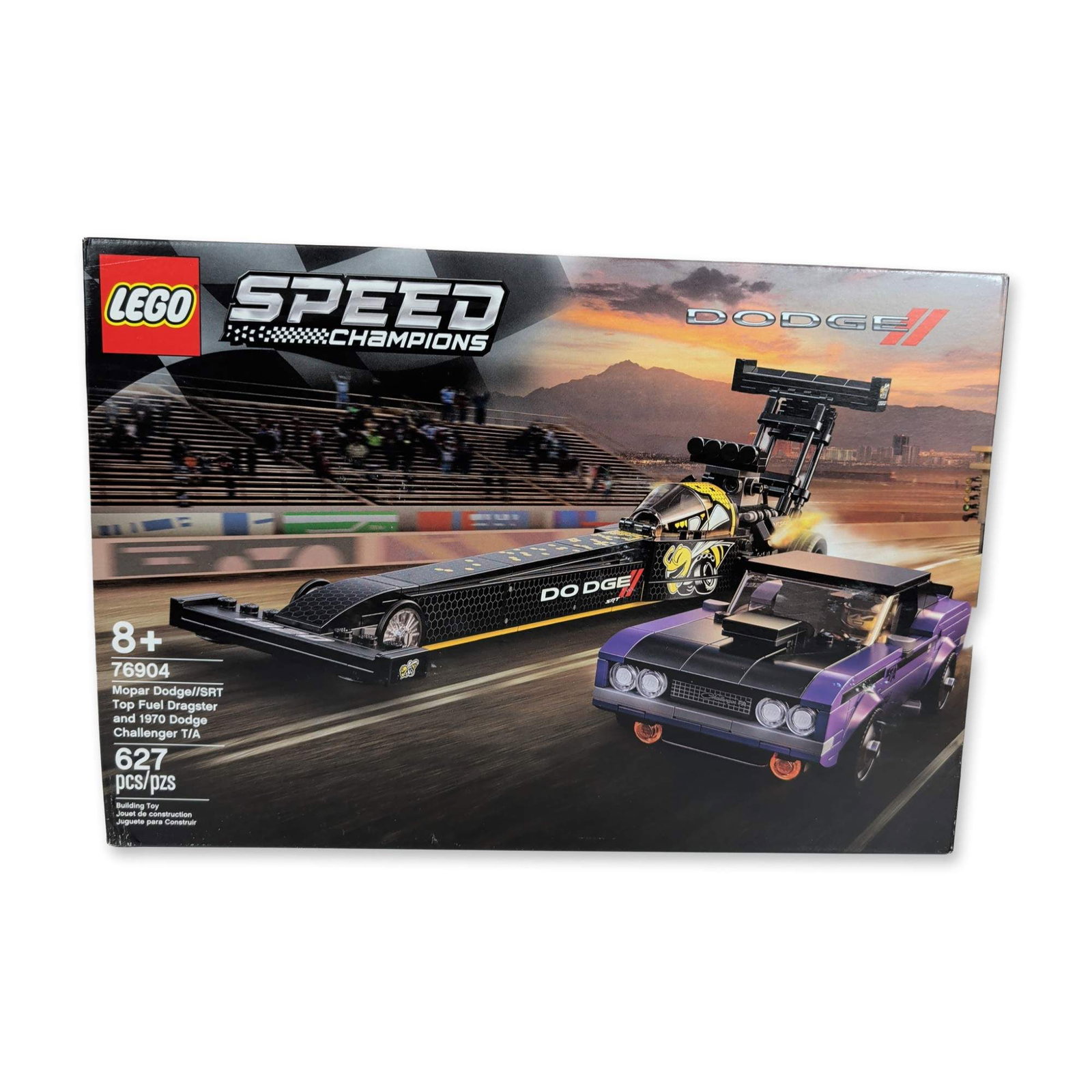 LEGO Speed Champions 76904 Dodge Set: LEGO Speed Champions building set, model number 76904. The set includes two buildable vehicle models: a Mopar Dodge SRT Top Fuel Dragster and a 1970 Dodge Challenger TA. Constructed of plastic buildin