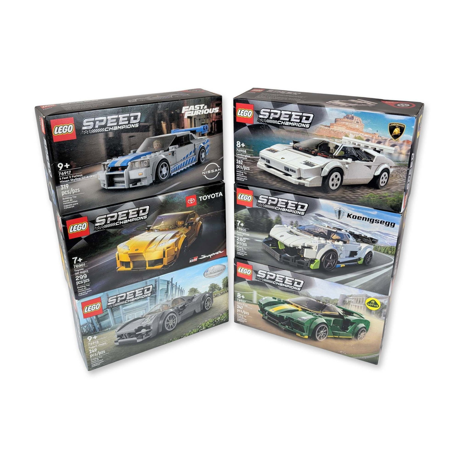 Group of Six LEGO Speed Champions Building Sets: LEGO. Speed Champions building block construction sets in plastic, featuring various licensed high-performance vehicles. The collection comprises six unopened sets: Koenigsegg Jesko (76900), Toyota GR