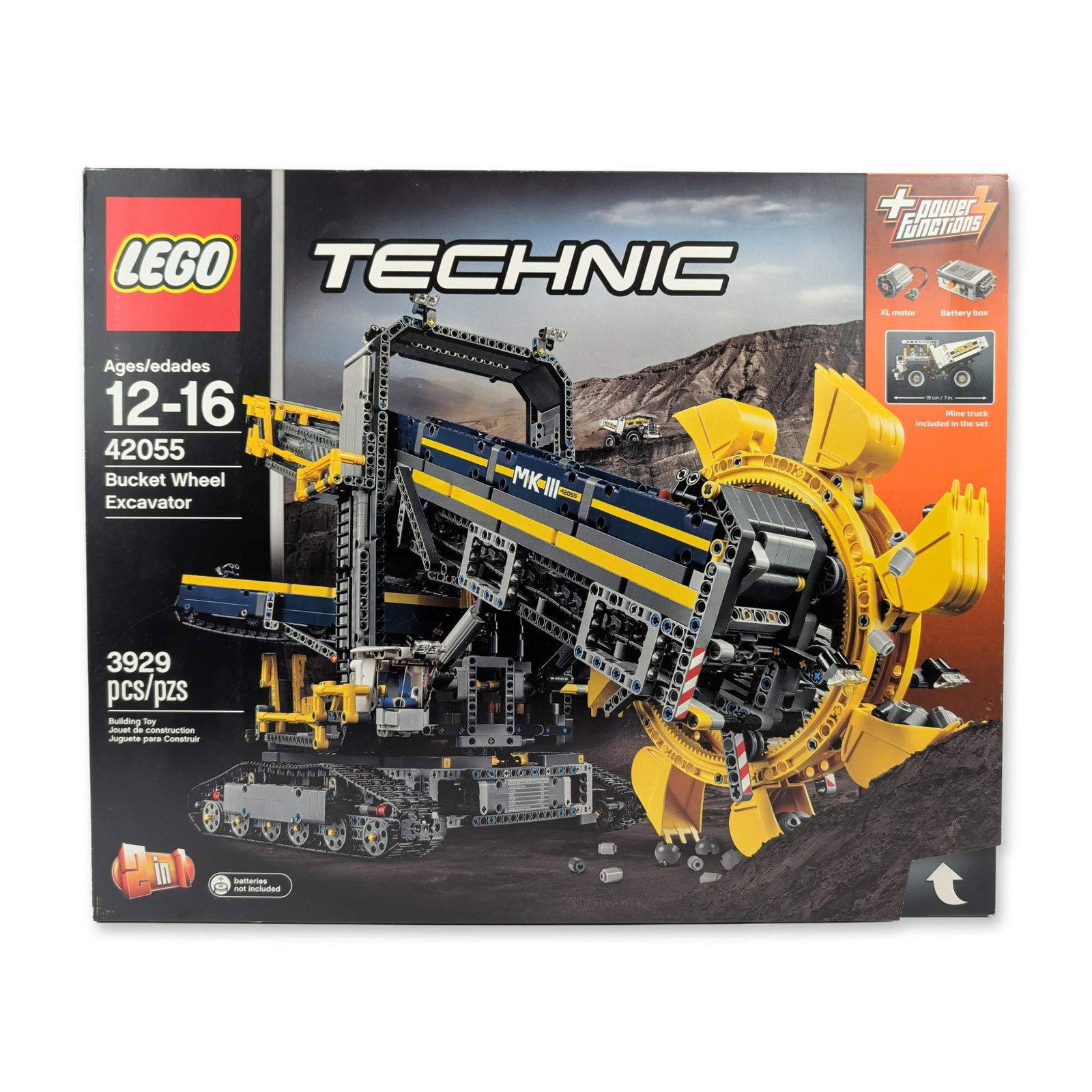 LEGO Technic 42055 Bucket Wheel Excavator: LEGO Technic series Bucket Wheel Excavator construction set, model number 42055. Manufactured in plastic, this motorized set utilizes the Power Functions system, including one XL motor and one battery