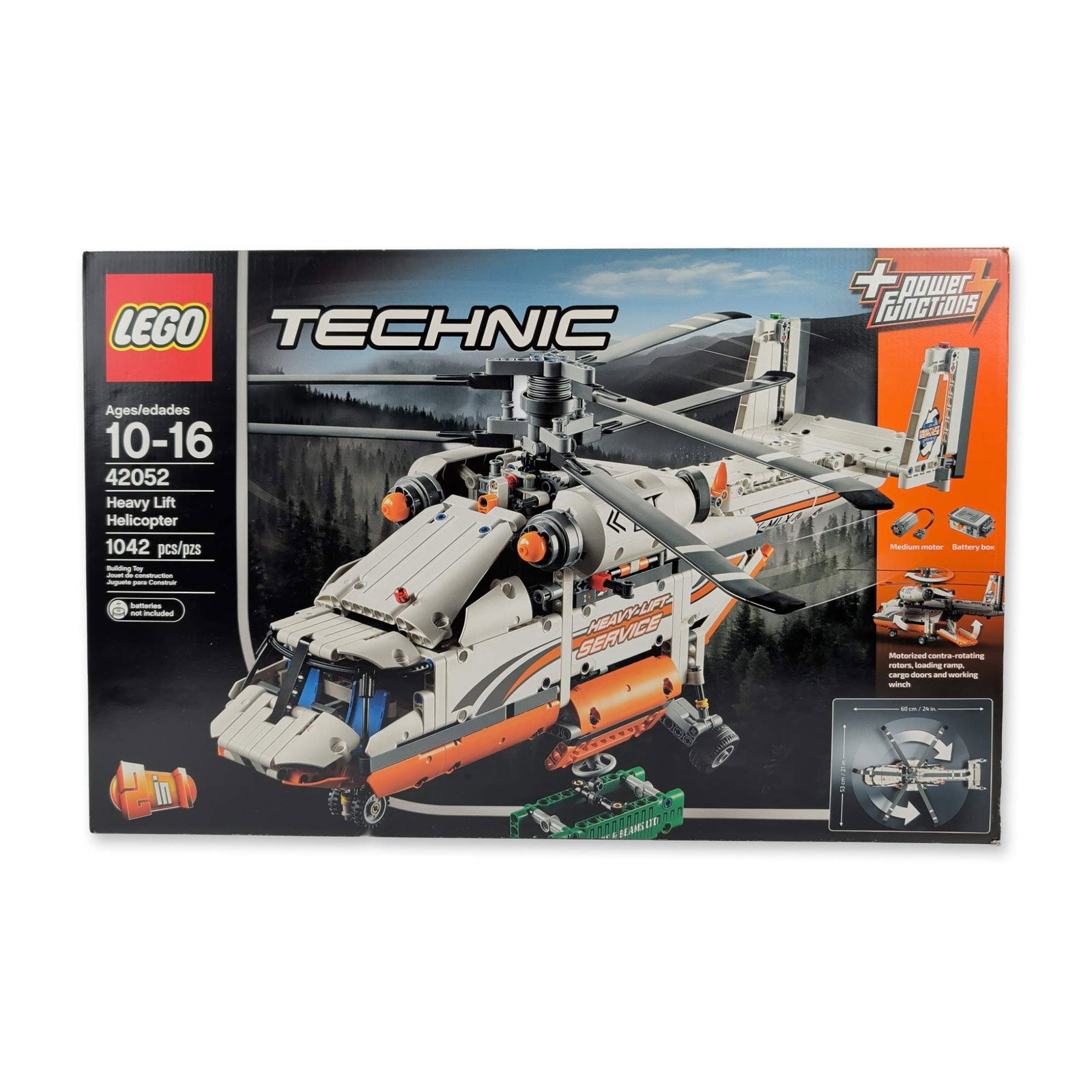 LEGO Technic 42052 Heavy Lift Helicopter: LEGO Technic construction set, model 42052, Heavy Lift Helicopter. This 2-in-1 motorized model contains 1,042 molded plastic pieces and includes Power Functions components, featuring a medium motor an
