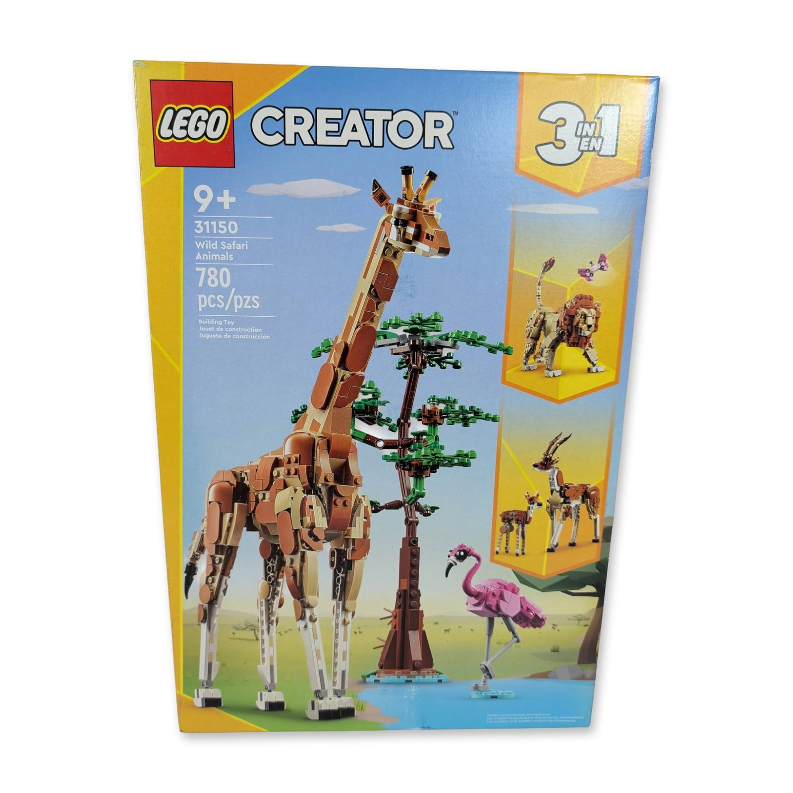 LEGO Creator 3-in-1 Wild Safari Animals Set 31150: LEGO Creator 3-in-1 series. Wild Safari Animals construction set in plastic, featuring a posable giraffe, flamingo, and tree with alternate builds for gazelles and a lion. The set includes articulated