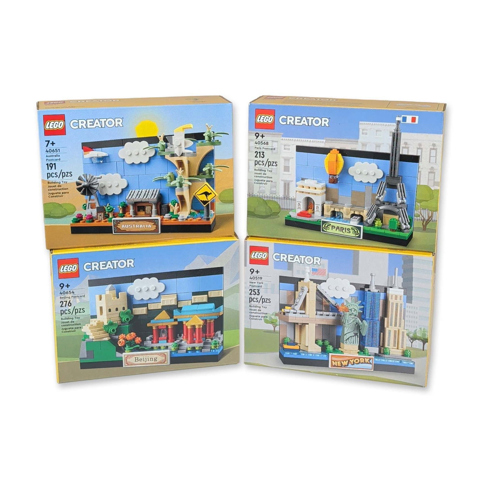 4 LEGO Creator Postcard Building Sets: The LEGO Group. Group of four plastic building sets from the Creator Postcard series. The collection includes 40568 Paris Postcard (213 pieces), 40519 New York Postcard (253 pieces), 40651 Australia P