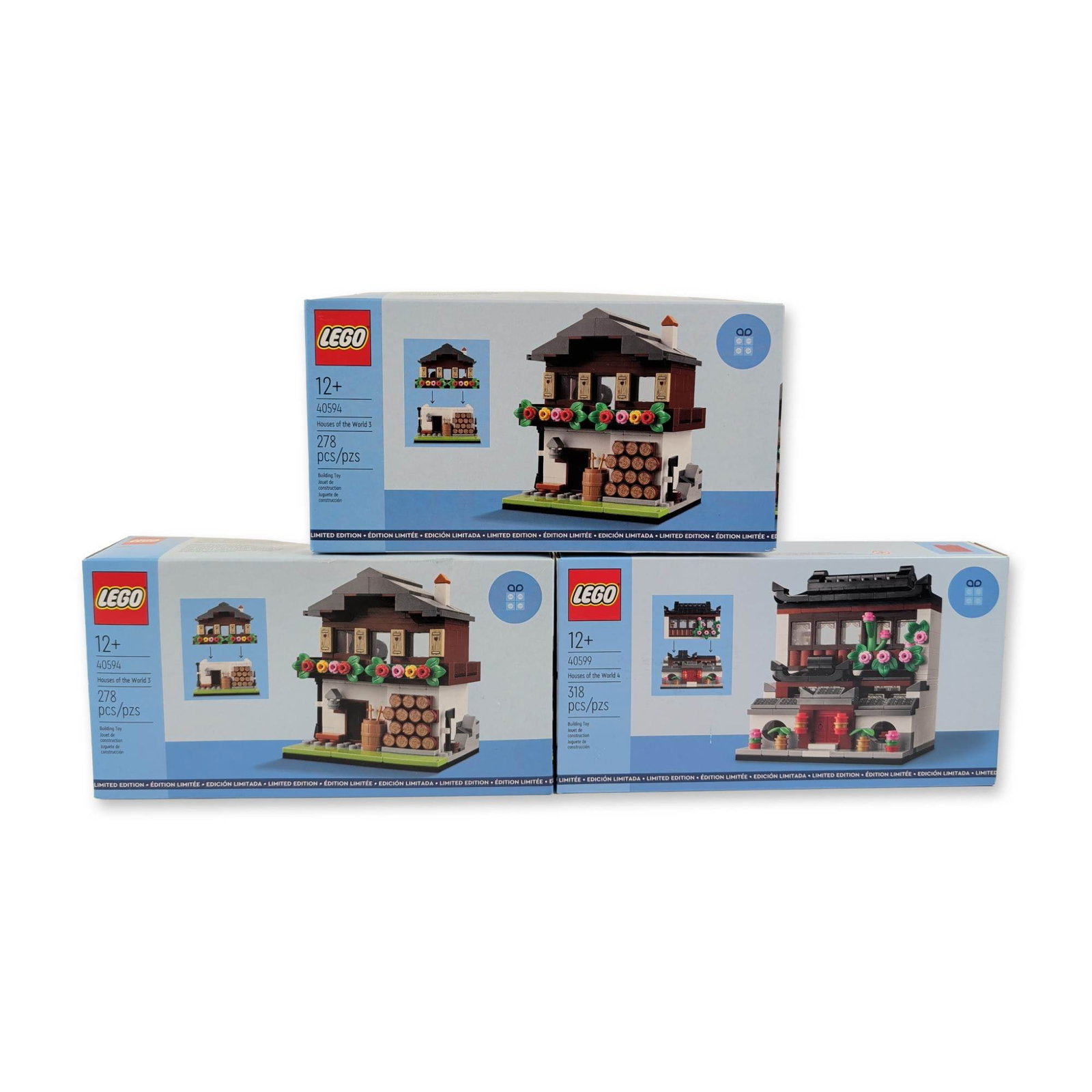 3pc LEGO Limited Edition Houses of the World Sets: LEGO group of three promotional building construction sets from the Houses of the World series, featuring plastic construction elements and original factory packaging. The lot includes two examples of