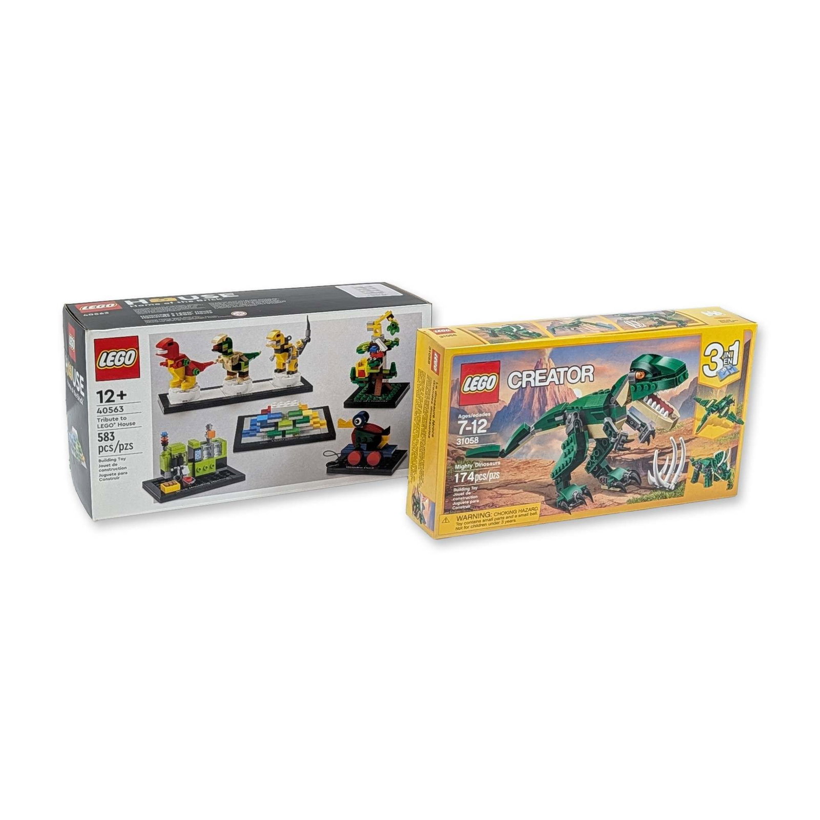 Two LEGO House 40563 and Creator 31058 Building Sets: LEGO (Denmark). Two factory sealed plastic building sets, including the Tribute to LEGO House and Creator Mighty Dinosaurs models. Set 40563 contains five microscale models of Billund attractions, inc