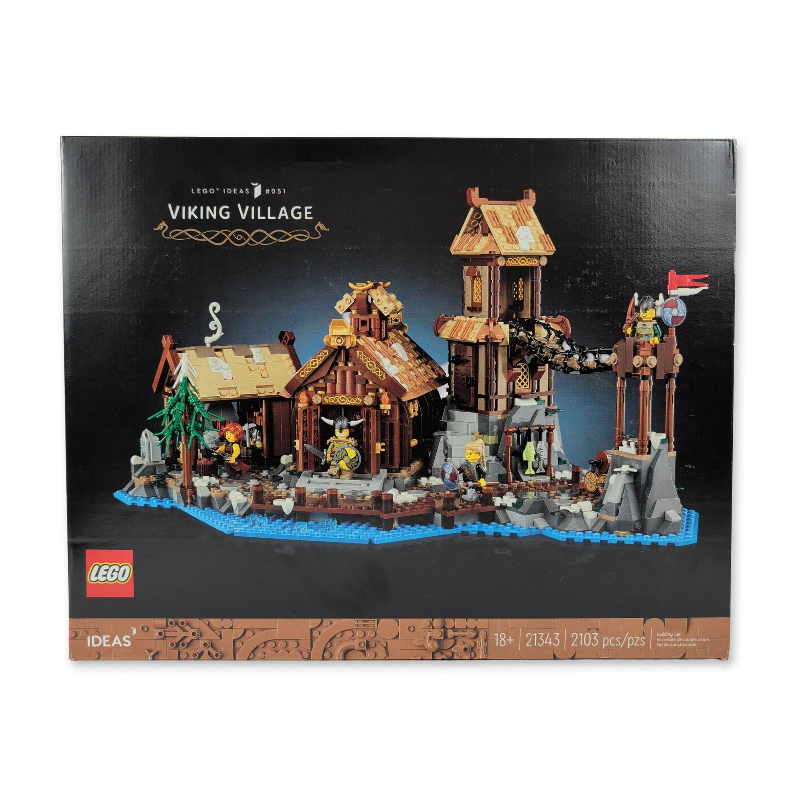 LEGO Ideas Viking Village Building Set 21343: LEGO Ideas Viking Village building set, model number 21343, Ideas series #051. Composed of 2,103 plastic pieces, the set constructs a modular village featuring a chieftain longhouse, a watchtower, and