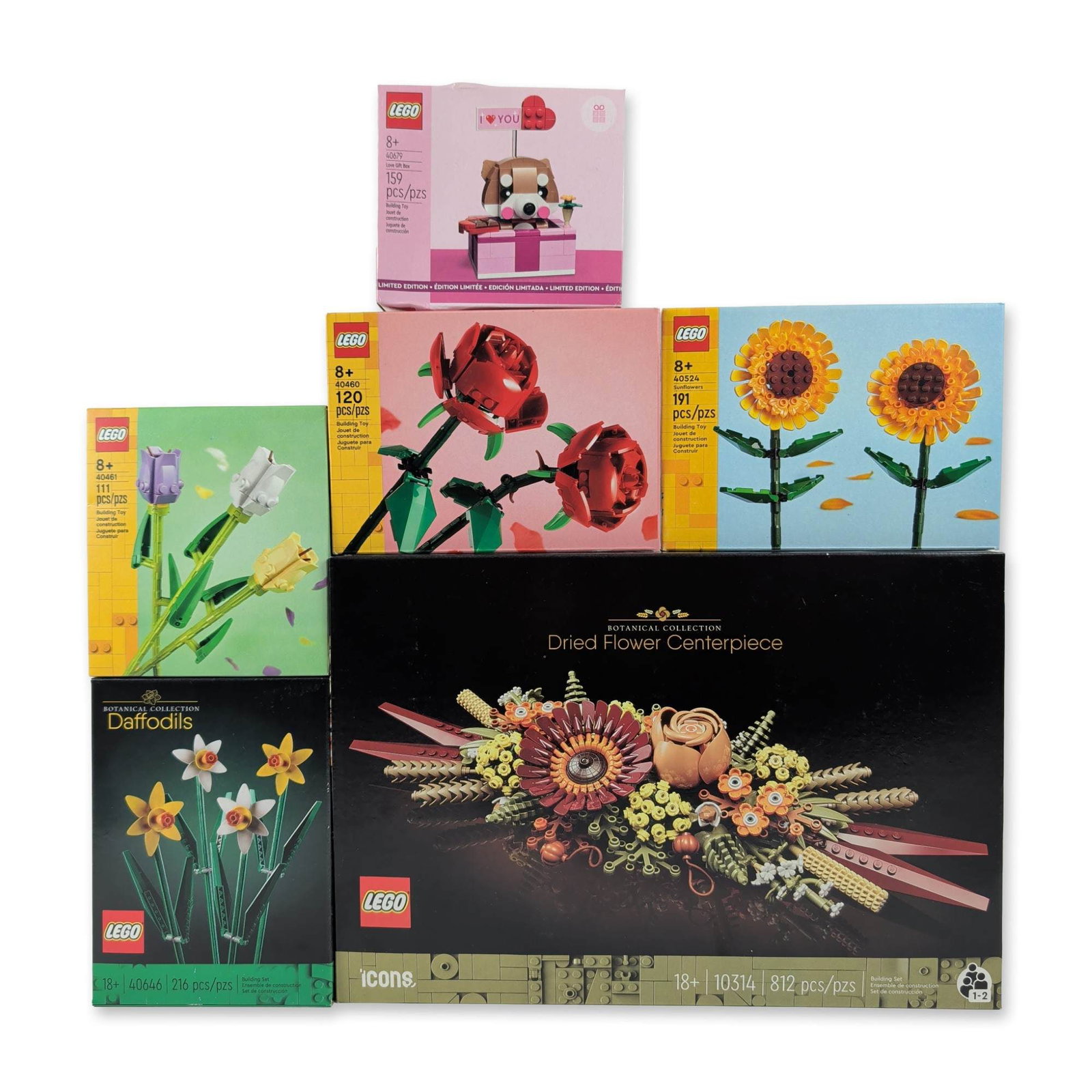 Group of Six LEGO Botanical Floral Building Sets: LEGO. Group of six construction sets in molded plastic (ABS), including LEGO Icons 10314 Dried Flower Centerpiece, 40524 Sunflowers, 40460 Roses, 40461 Tulips, 40646 Daffodils, and 40679 Love Gift