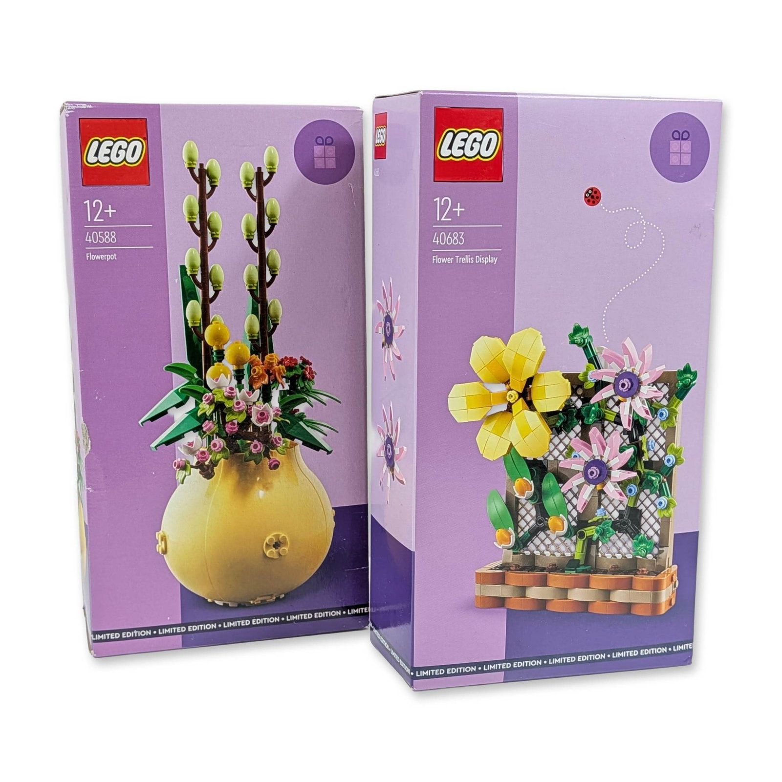 Two LEGO Limited Edition Flower Building Sets: LEGO Group. Pair of factory-sealed building sets from the Botanical Collection, comprising set 40588 Flowerpot and set 40683 Flower Trellis Display. Constructed from molded plastic, the sets feature f