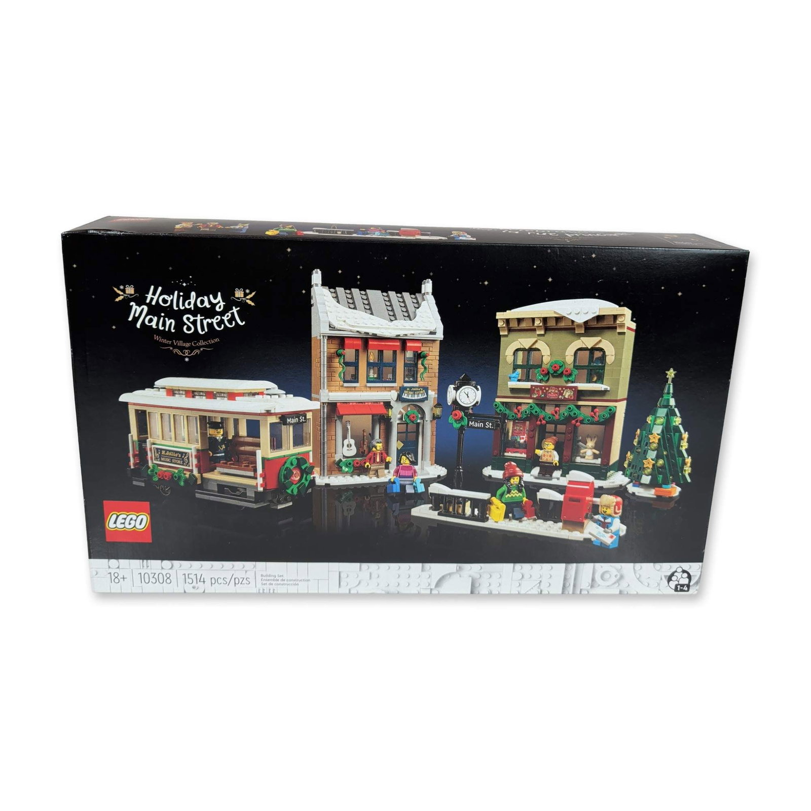 LEGO Icons Holiday Main Street Set 10308: LEGO Icons Holiday Main Street building set, part of the Winter Village Collection. Constructed of plastic, the set contains 1,514 pieces and includes two two-story buildings housing a toy store,