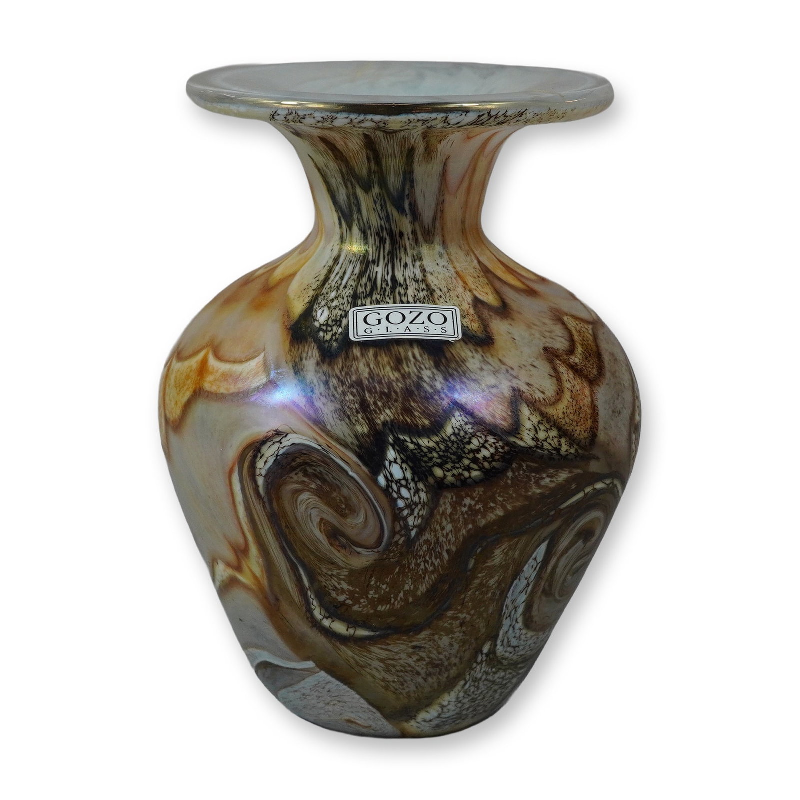 Signed Gozo Glass Hand-Blown Art Glass Vase with Marbled Earth Tones and Iridescent Sheen: This hand-blown art glass vase is produced by Gozo Glass of Malta. The vessel features a squat, bulbous body tapering to a short neck with a wide, flatly flared rim. The exterior is decorated with a