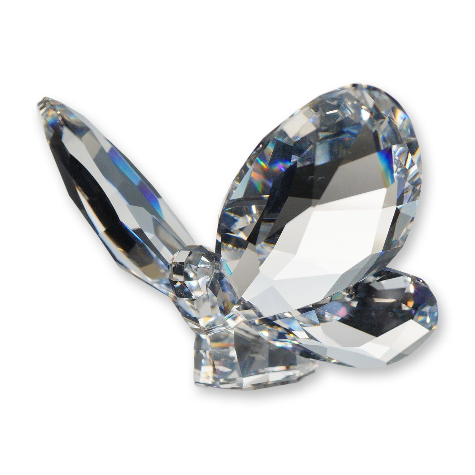 Swarovski Crystal Figurine, Brilliant Butterfly: Large butterfly figurine in faceted clear lead crystal, featuring outstretched wings and a segmented body mounted on an integral crystal base. Includes the original blue Swarovski cardboard