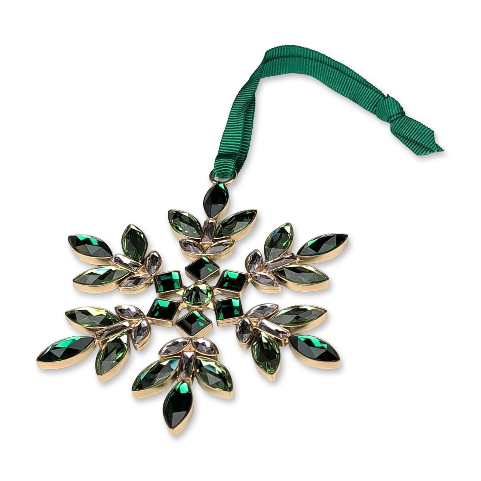 Swarovski Crystal Green Gema Holiday Snowflake Ornament: A Swarovski Gema holiday ornament in faceted emerald green and smoke-toned crystals, featuring a snowflake form composed of marquise, square, and baguette cut stones set in a gold-toned metal frame. T