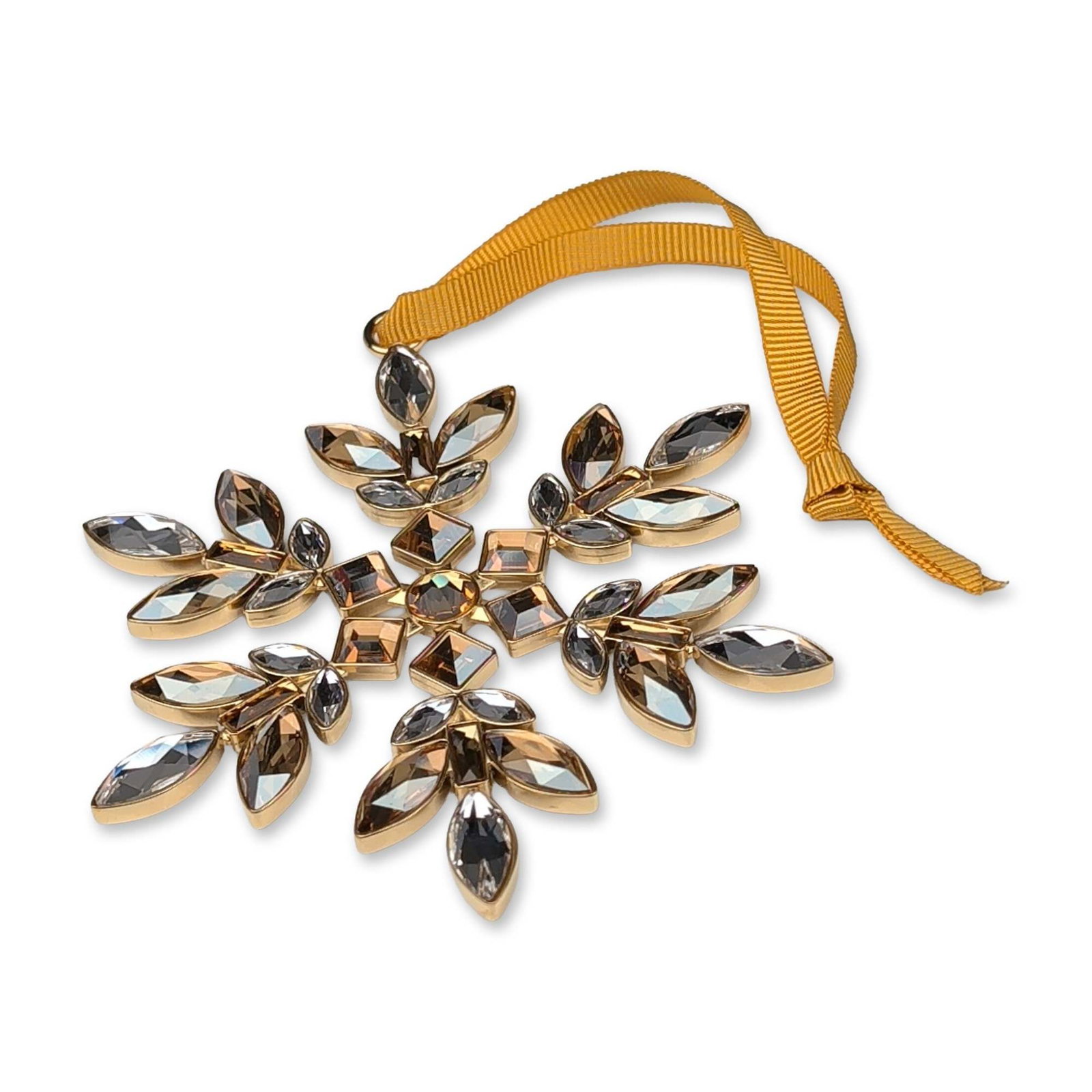 Swarovski Crystal Yellow Gema Holiday Snowflake Ornament: A yellow stylized snowflake Swarovski Gema Holiday Ornament. Its gold-tone base metal structure is set with a central faceted crystal and six multi-petaled branches containing marquise and kite-cut cr