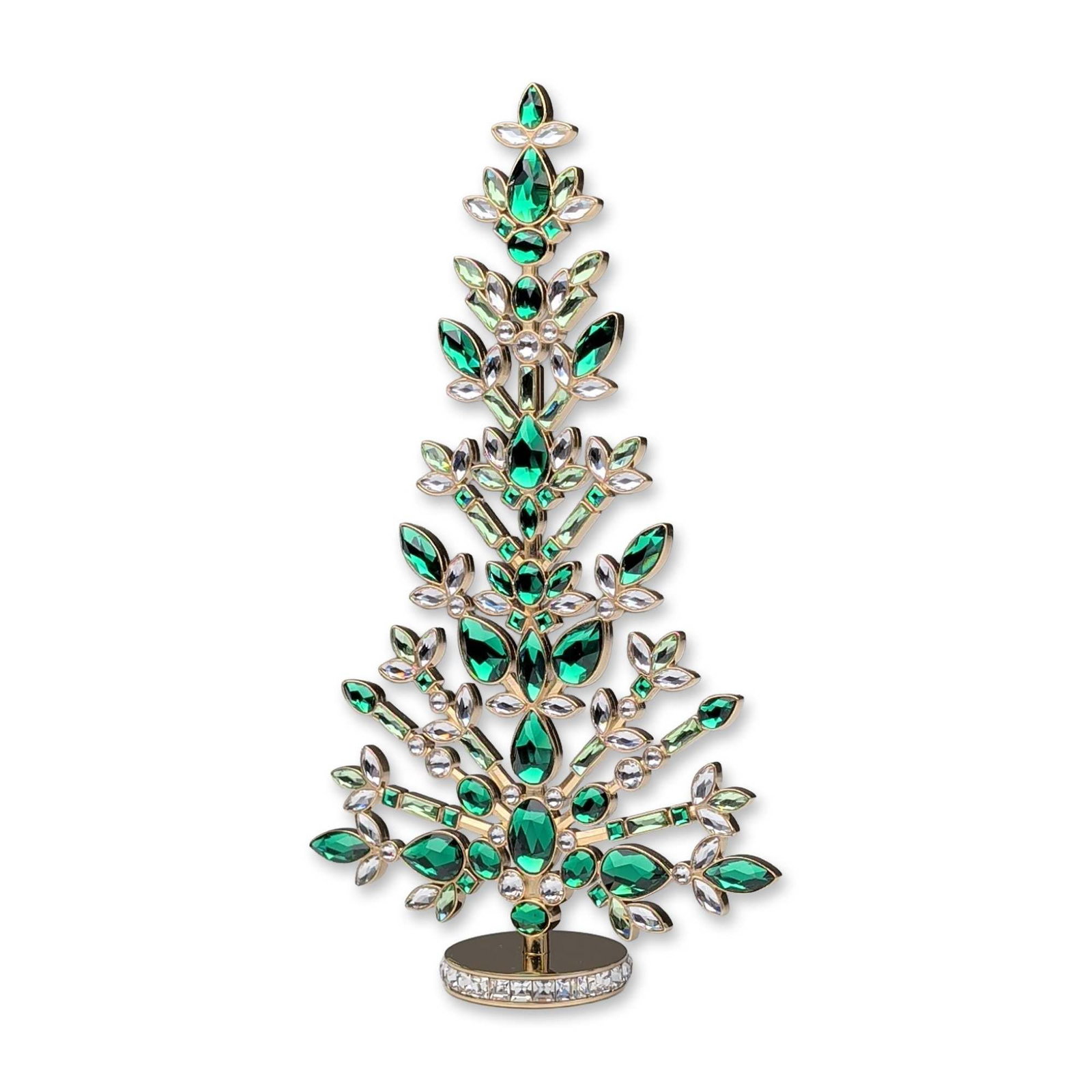 Swarovski Green Crystal Gema Holiday Tree Table Ornament: This Swarovski Green Crystal Gema Holiday Tree Table Ornament, model number 5691040, is a pine tree constructed from faceted crystals in shades of emerald green, forest green, and clear, set within a 