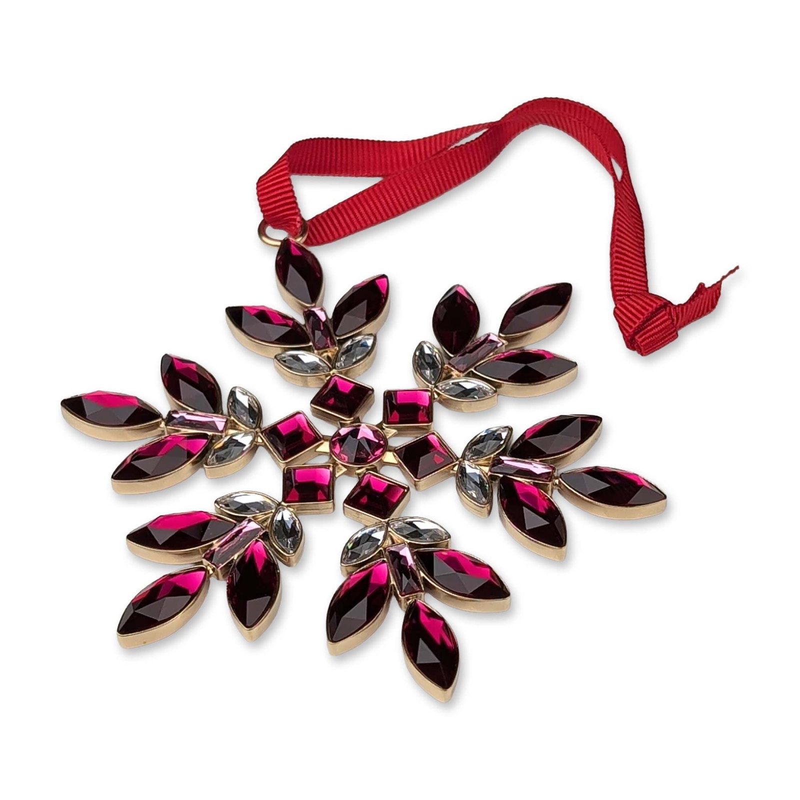 Swarovski Red Crystal Gema Holiday Snowflake Ornament: This Swarovski Gema six-pointed snowflake features a gold-tone metal framework embellished with faceted crystals in vibrant red and clear tones. The arrangement includes marquise and baguette-cut ston