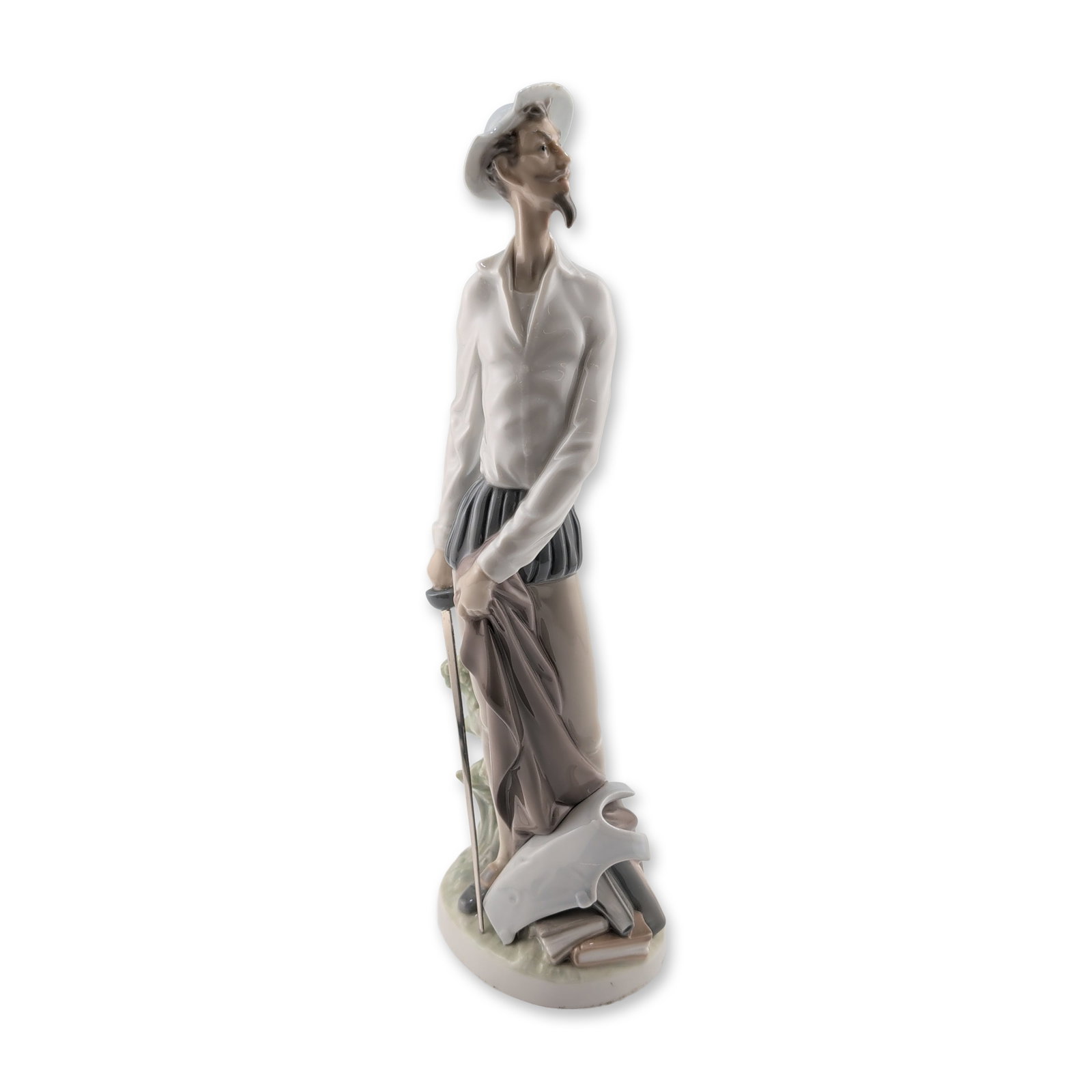 Lladro Porcelain Don Quixote Standing Figurine: Lladro Spanish glazed porcelain figurine, model number 4854, titled Don Quixote Standing Up. The figure depicts the literary character in a contemplative pose with a tall, slender physique, pointed go