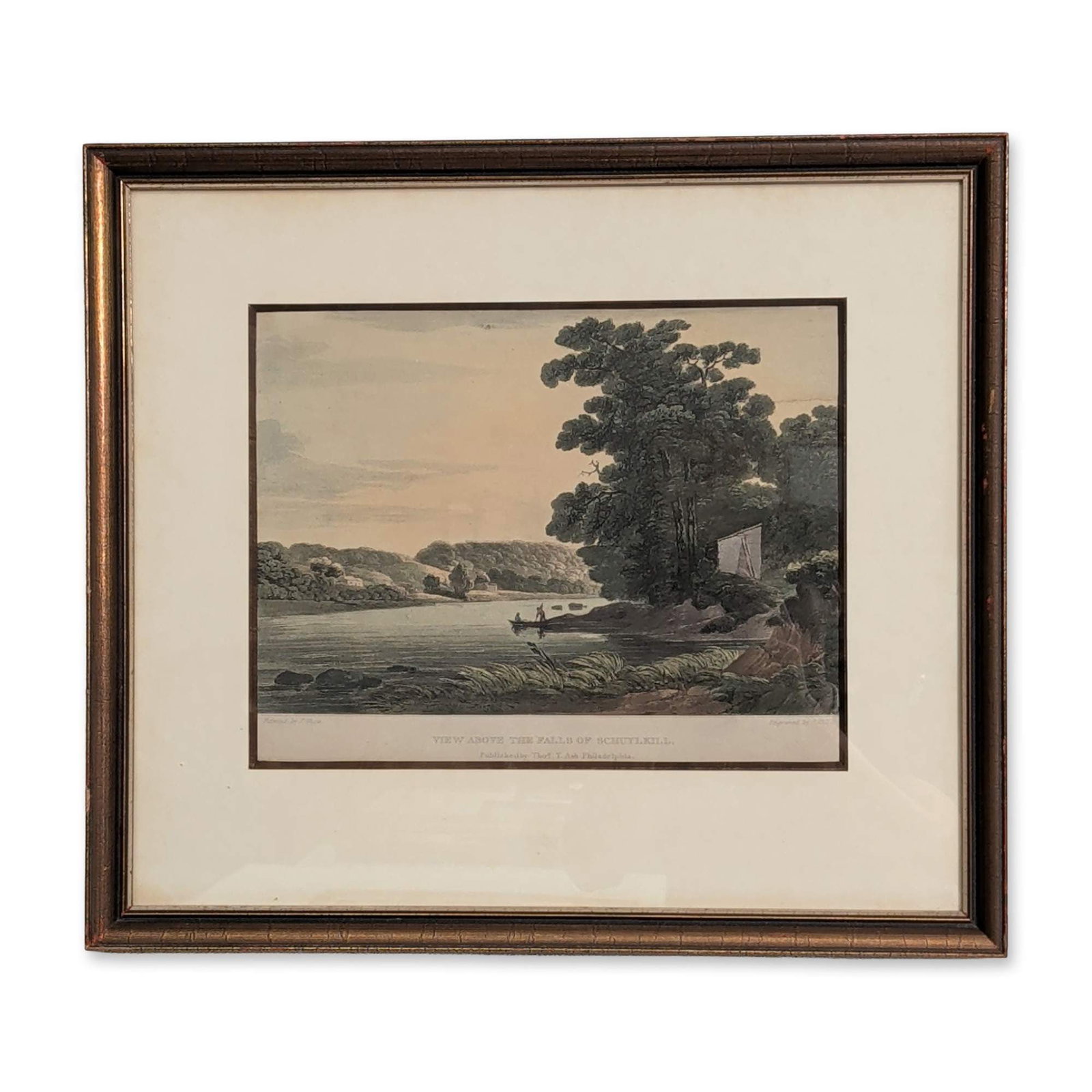 John Hill after Joshua Shaw Hand-colored Aquatint Engraving, View Above the Falls of Schuylkill: Joshua Shaw (English/American, 1776-1848) after John Hill (English/American, 1770-1850). Hand-colored aquatint engraving titled View Above the Falls of Schuylkill. Picturesque riverside landscape feat