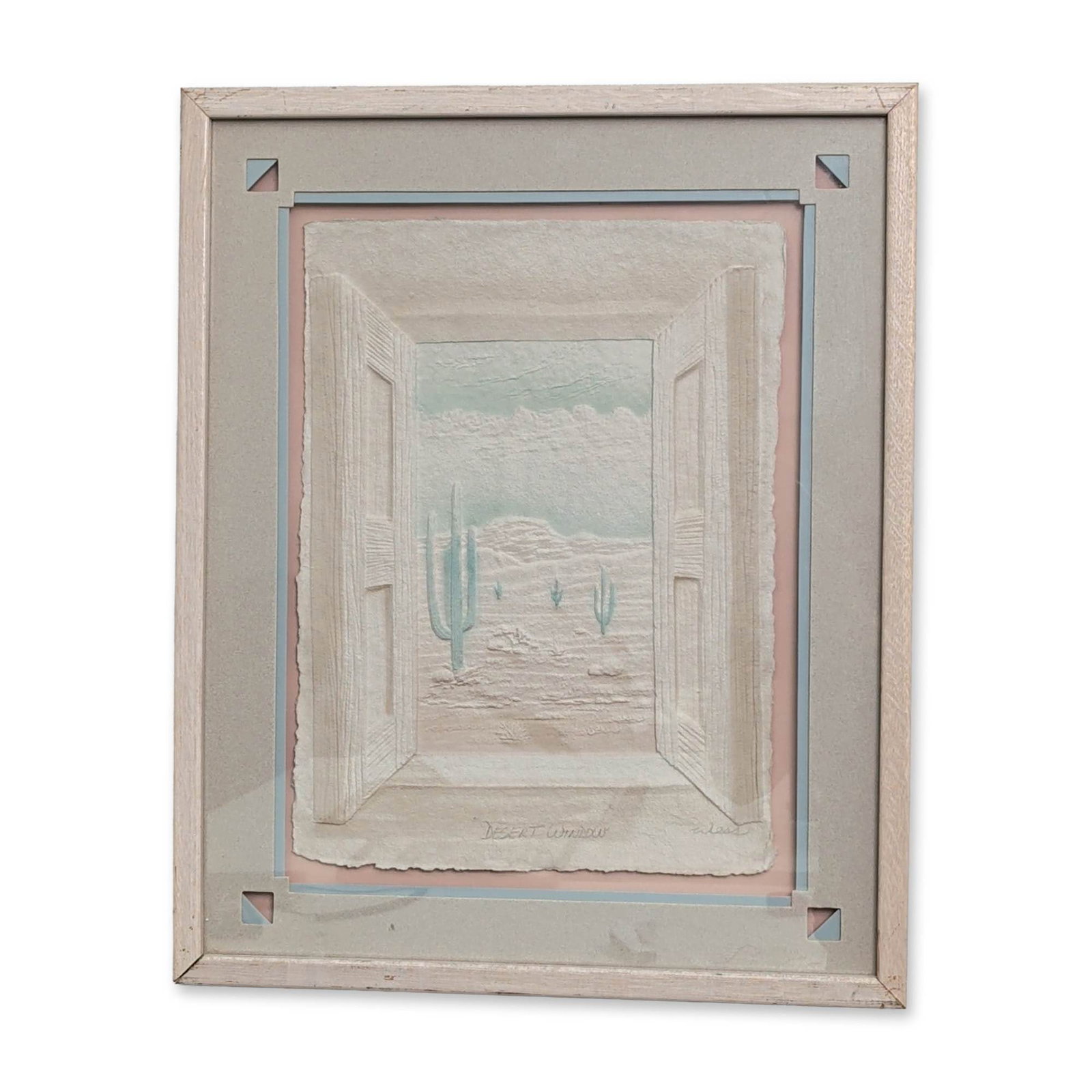 Wesley Wess Smith (American, b. 1958) 3D Hand-cast Paper Art, Desert Window, Signed: Wesley Wess Smith (American, 20th century). 'Desert Window' hand-cast paper relief, featuring a Southwestern desert landscape with saguaro cacti and mesa formations viewed through an architectural fra