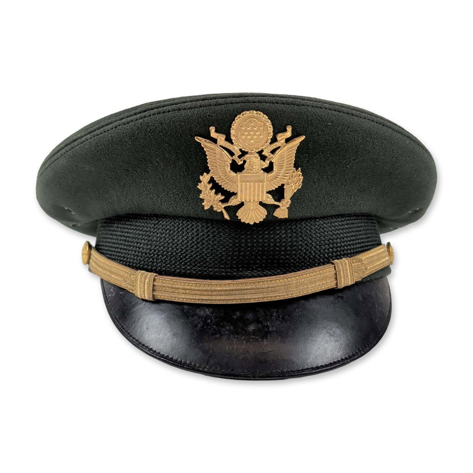 Bancroft Cold War / Vietnam-Era US Army Officer Service Cap: This US Army officer's service cap, made by Bancroft Military Caps in Framingham, Massachusetts, is crafted from olive drab fur felt with a dark mohair braid band and a black leather visor. It sports 