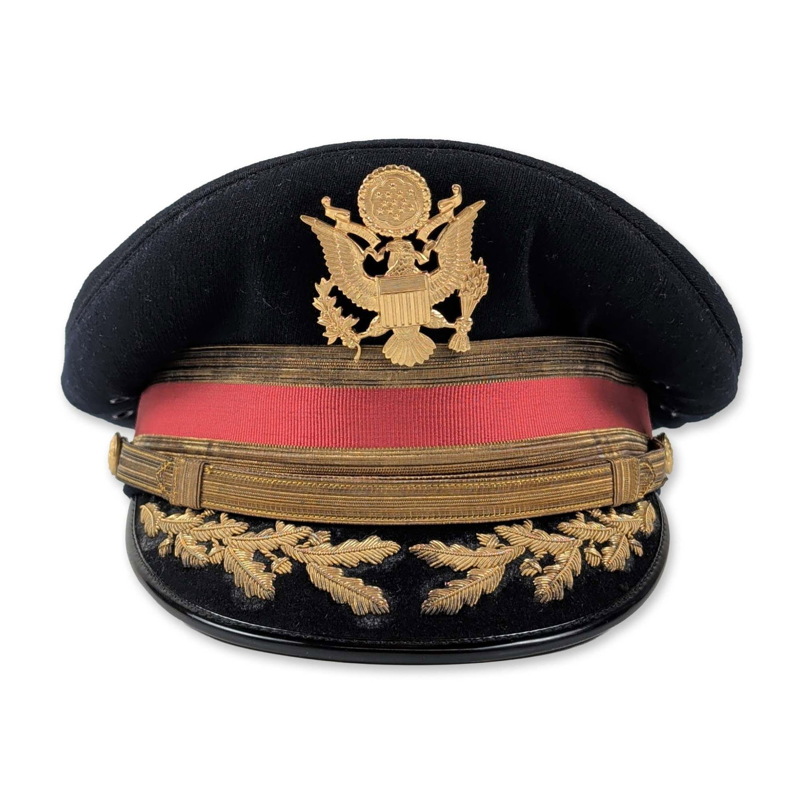 Berkshire De Luxe US Army General Officer Dress Cap - Artillery: Dress blue service cap manufactured by Berkshire De Luxe, dating to the mid-20th century. The cap is constructed with a dark blue wool crown and a scarlet mohair band, representing the Artillery branc