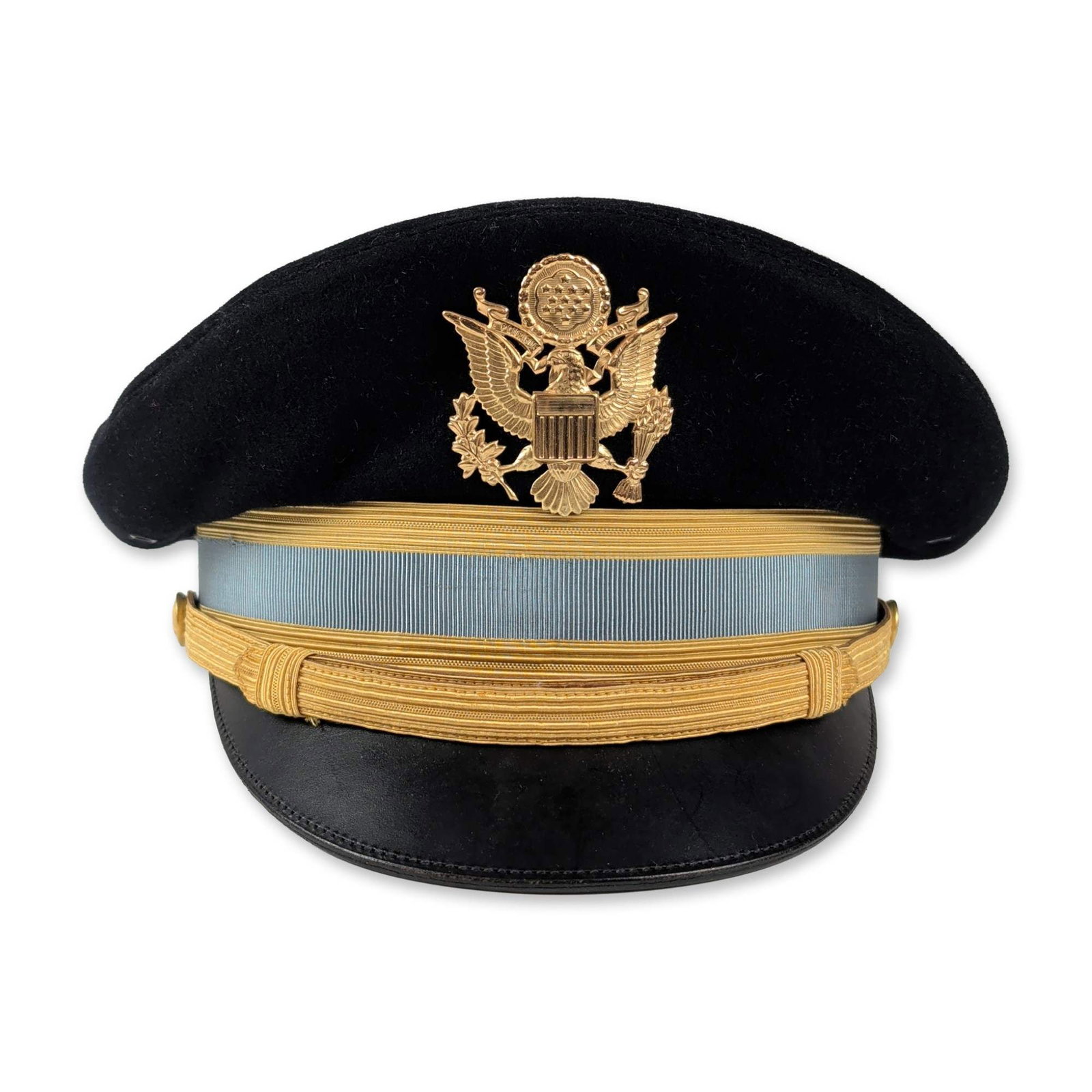 Flight Ace US Army Infantry Officer Dress Cap: Ace Manufacturing Co. Inc. US Army Infantry commissioned officer dress blue peaked cap in black fur felt with light blue wool band. Mounted with a gold-toned metal officer cap device depicting the Gre