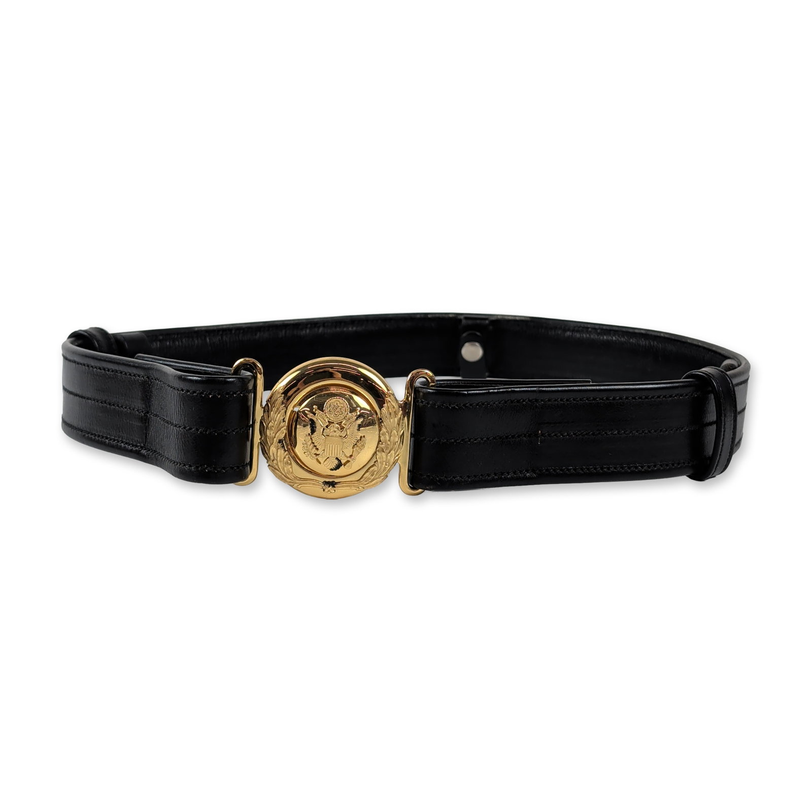 US Military Officer Ceremonial Dress Sword Belt: Contemporary US military style ceremonial dress sword belt in black high-gloss synthetic material with stitched edges and a padded interior. The belt features a two-piece interlocking circular buckle 