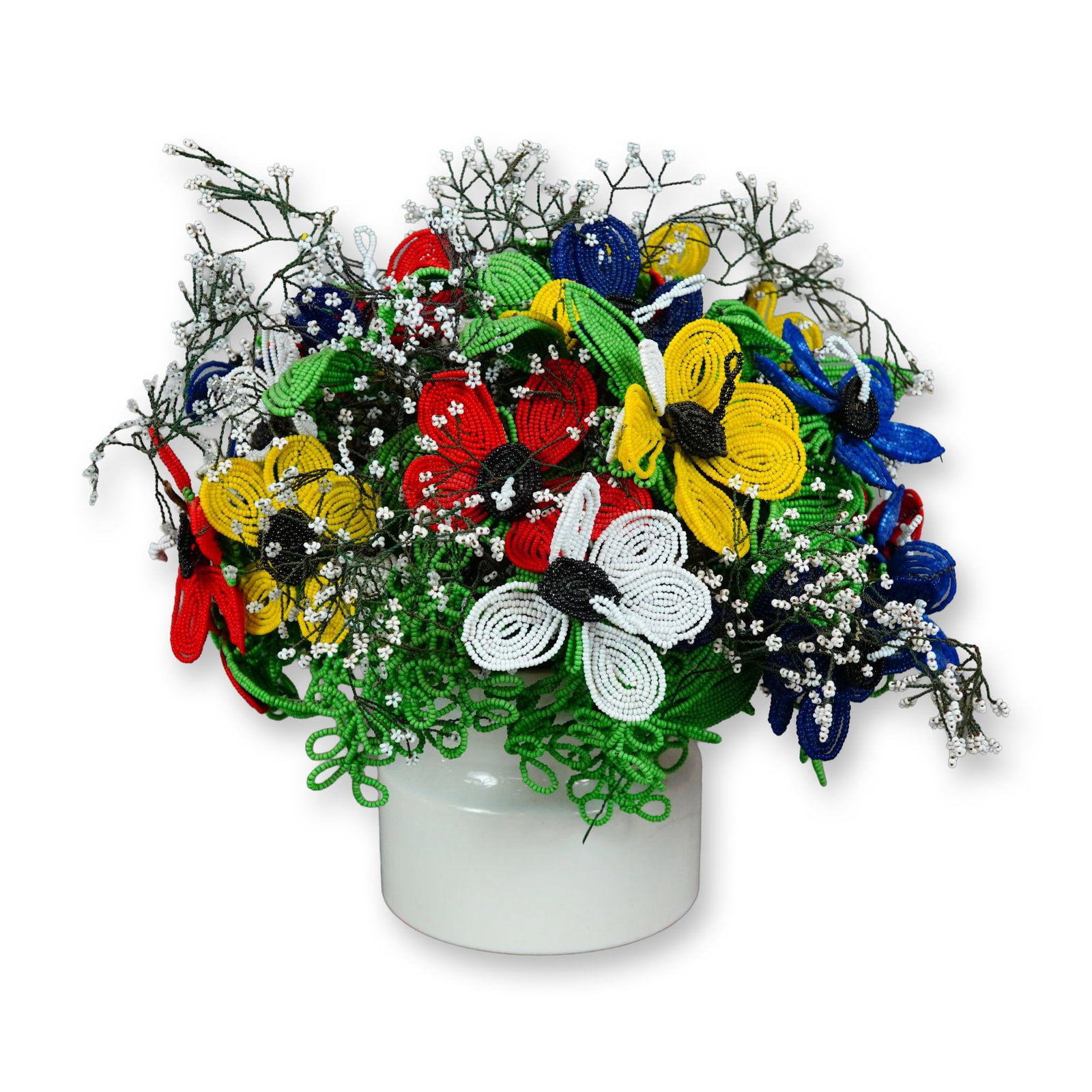Vintage French Beaded Flower Arrangement: Mid-century French style wire and glass bead flower arrangement, presented in a glazed ceramic vase. The hand-wired bouquet is constructed from glass seed beads in red, white, blue, yellow, green, and