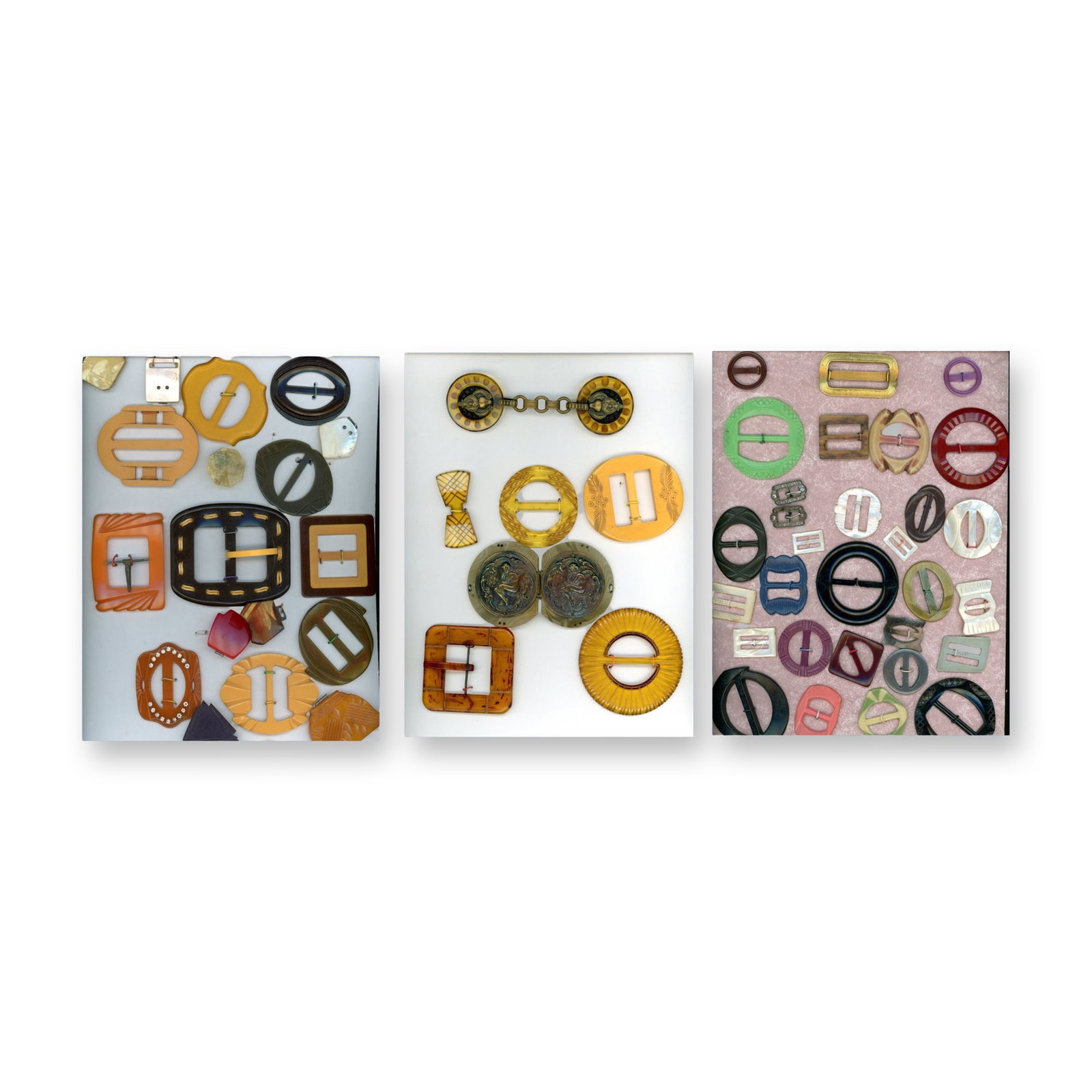 3 CARDS OF ASSORTED BUCKLES: 54 Early 20th century examples including celluloid and Bakelite. These cards include a plethora of slide examples along with some nice 2 piece buckle like the extra large celluloid and brass pictorial