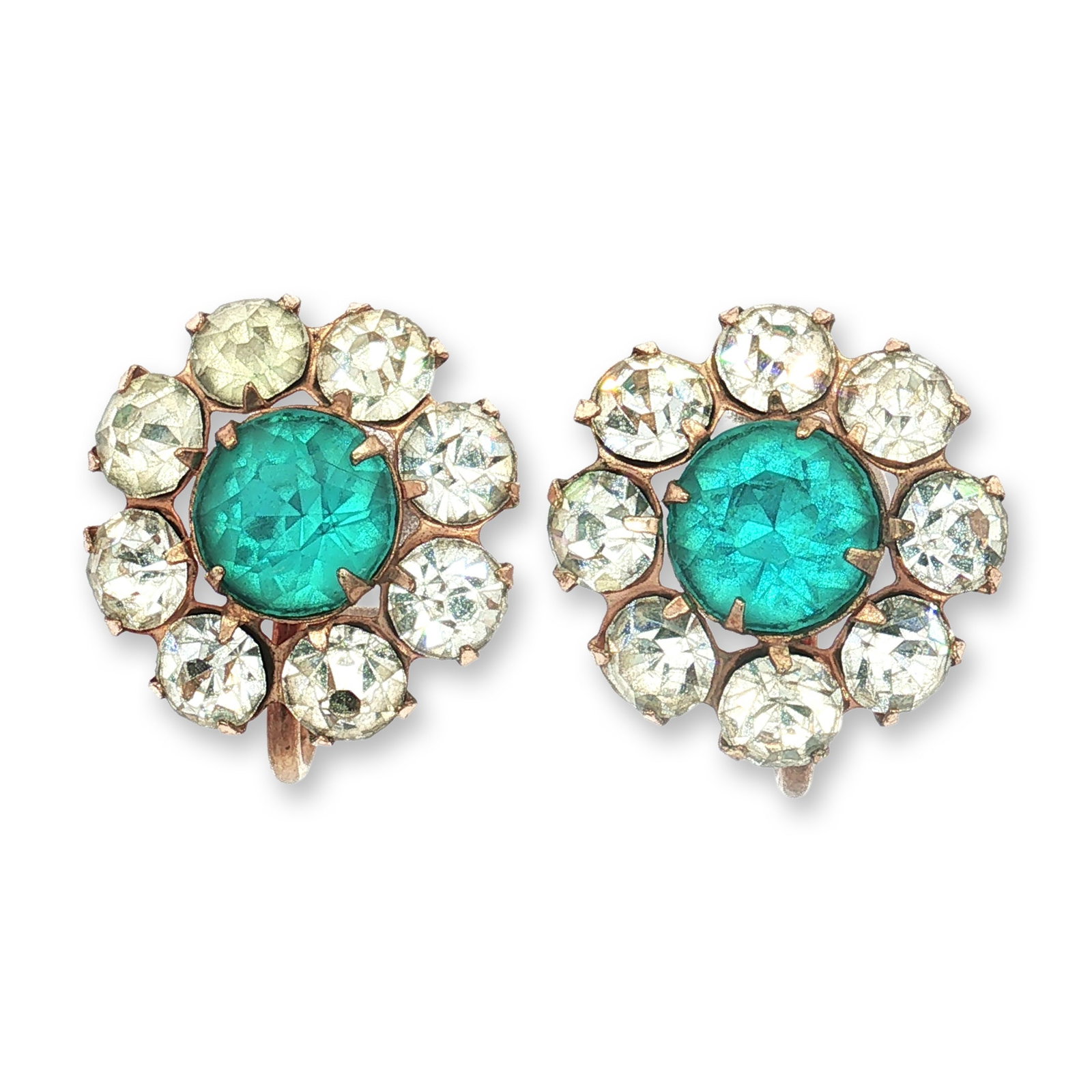 Pair of Providence Stock Company 12K Gold Filled Rhinestone Cluster Earrings: Each earring features a floral cluster design with a central round faceted emerald-green rhinestone surrounded by ten smaller round faceted clear rhinestones. The earrings utilize adjustable screw-bac