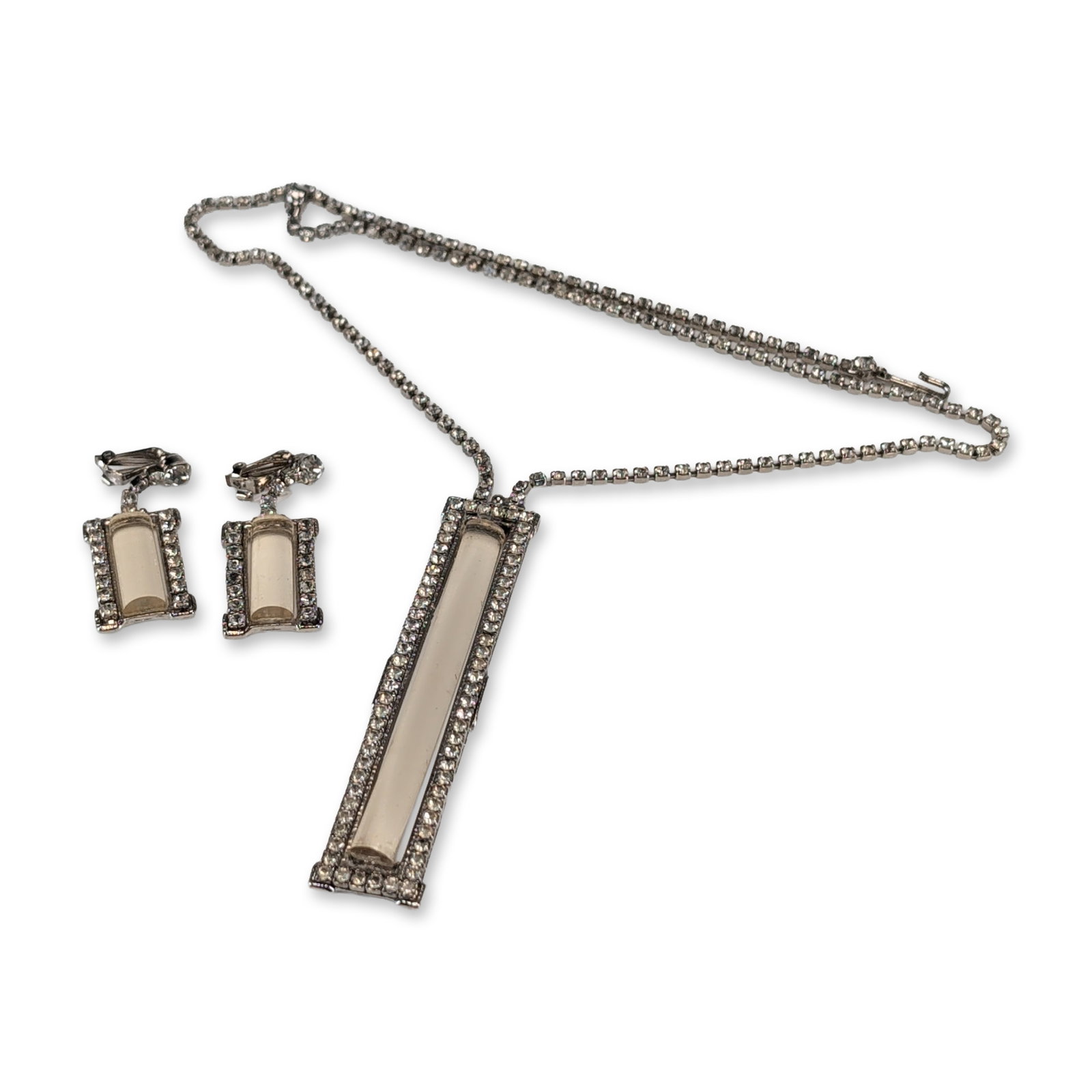 Silver-Tone Rhinestone and Glass Earrings and Necklace Set: Jewelry demi-parure in silver-tone metal, comprising a pendant necklace and matching clip-on earrings. Marked W. GERMANY on the reverse of the pendant. Dimensions: Necklace only: 16.25"L. An earring: 