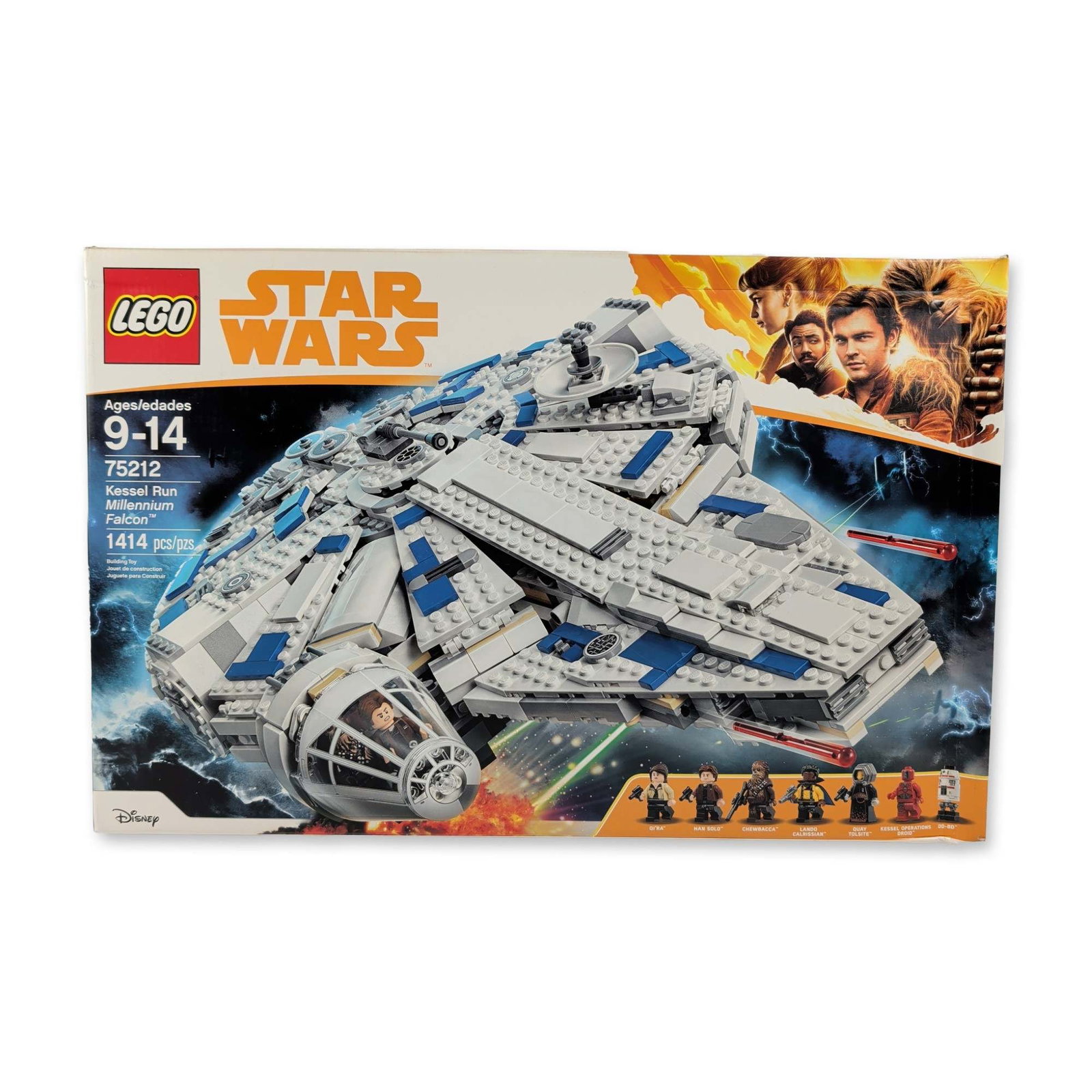 LEGO Star Wars 75212 Kessel Run Millennium Falcon: Construction set in molded plastic, depicting the starship as featured in Solo: A Star Wars Story. Features include an opening cockpit, detachable escape pod, and hinged hull panels revealing an inter