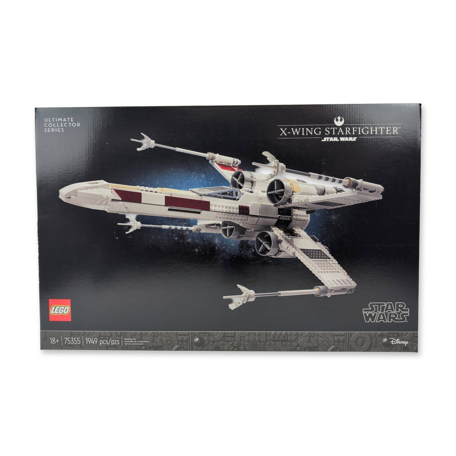 LEGO Star Wars Ultimate Collector Series X-Wing Starfighter 75355: LEGO Star Wars Ultimate Collector Series X-Wing Starfighter, set number 75355. Construction set in molded plastic consisting of 1,949 pieces. Model features posable S-foil wings, a display stand with 