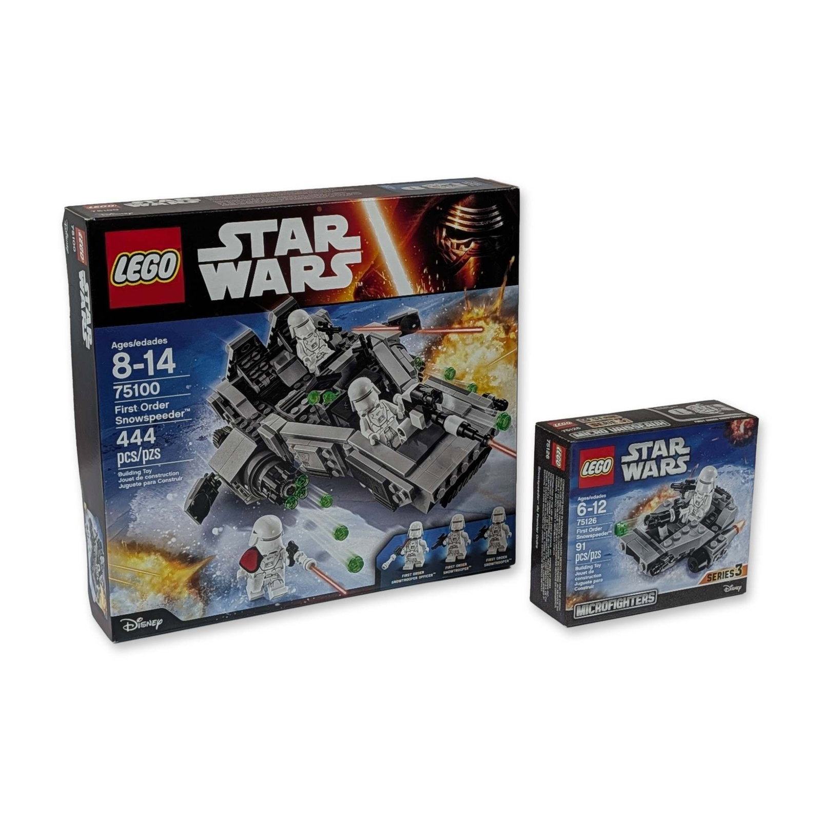 Two LEGO Star Wars First Order Snowspeeder Sets: LEGO Group. Star Wars themed construction toy sets in plastic, featuring the First Order Snowspeeder. Lot includes set 75100 containing 444 pieces and three First Order Snowtrooper minifigures, and Mi