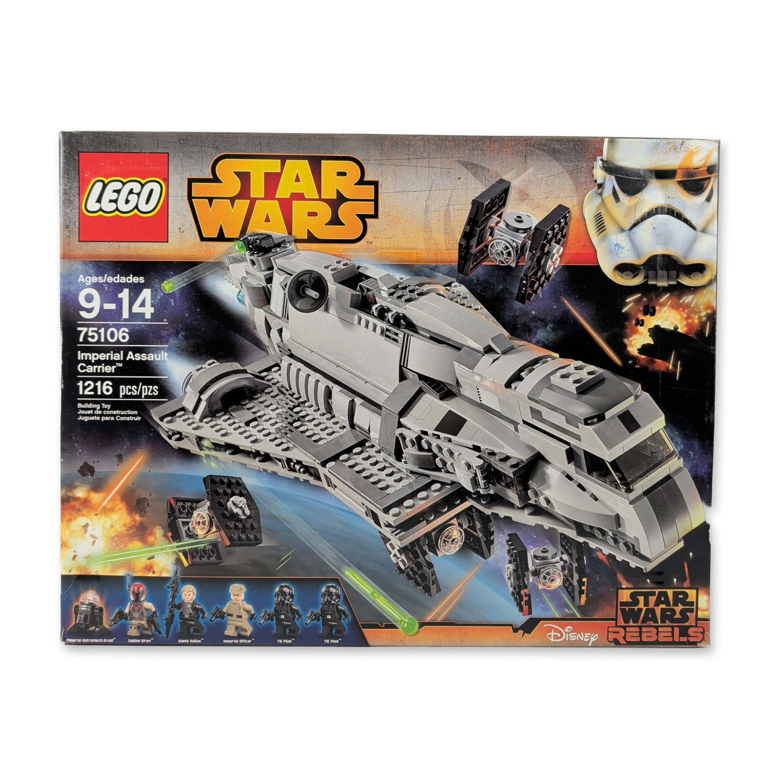 LEGO Star Wars 75106 Imperial Assault Carrier: The LEGO Star Wars Rebels set 75106 brings the Imperial Assault Carrier to life with 1,216 pieces of detailed plastic construction. Released in 2015, it features a main carrier with an opening cockpit
