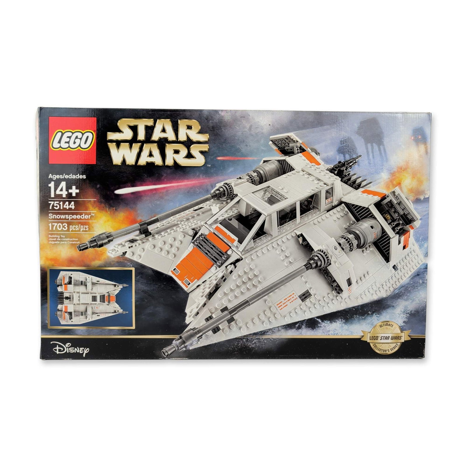 LEGO Star Wars UCS Snowspeeder 75144: LEGO Star Wars Ultimate Collector's Series Snowspeeder building set, number 75144. Plastic construction featuring articulated components including an opening cockpit, rotating rear harpoon gun, and fu