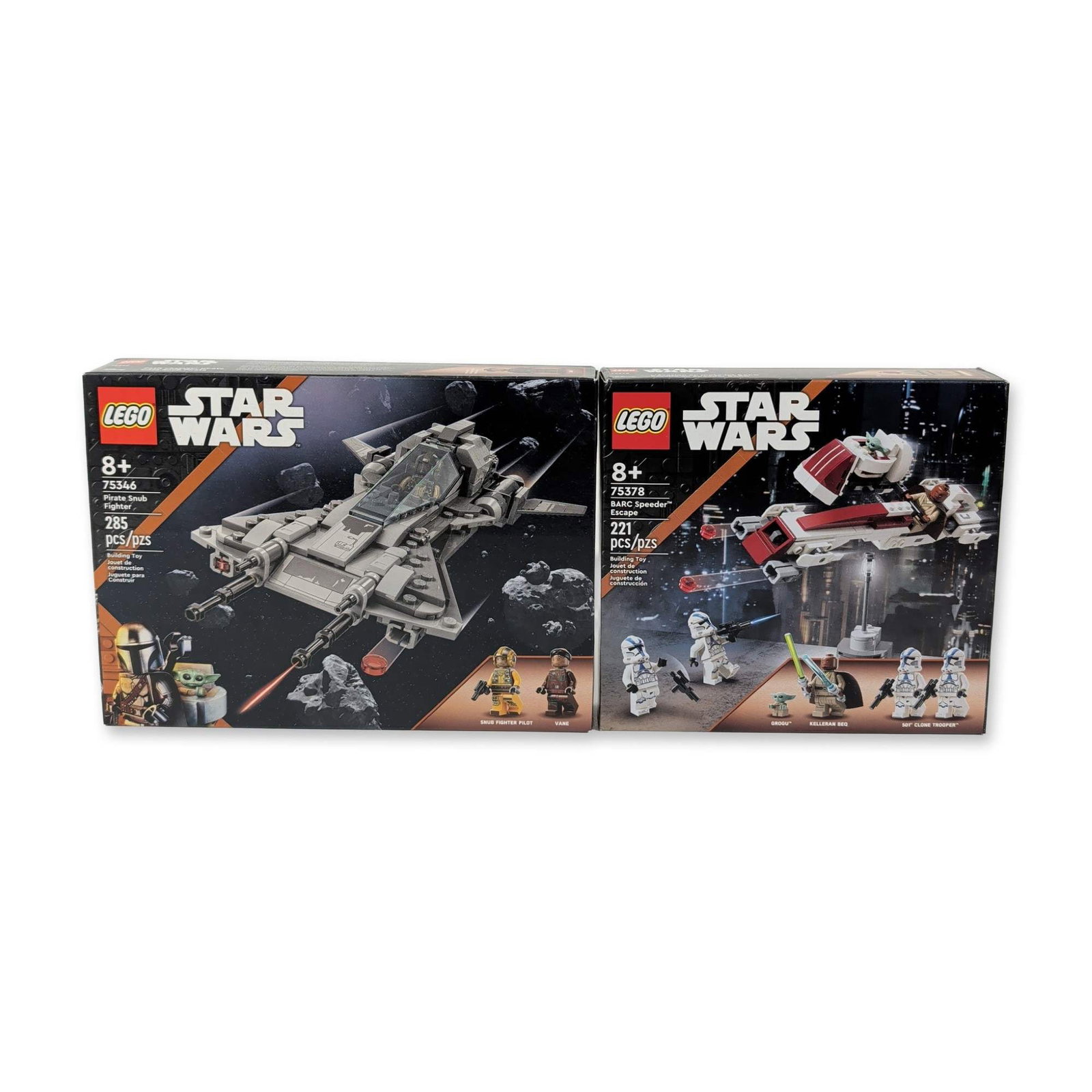 2pc LEGO Star Wars Mandalorian Sets, BARC Speeder Escape & Pirate Snub Fighter: The LEGO Group. Pair of Star Wars building sets in molded plastic, including set 75378 BARC Speeder Escape and set 75346 Pirate Snub Fighter. The BARC Speeder Escape features a speeder with a sidecar 