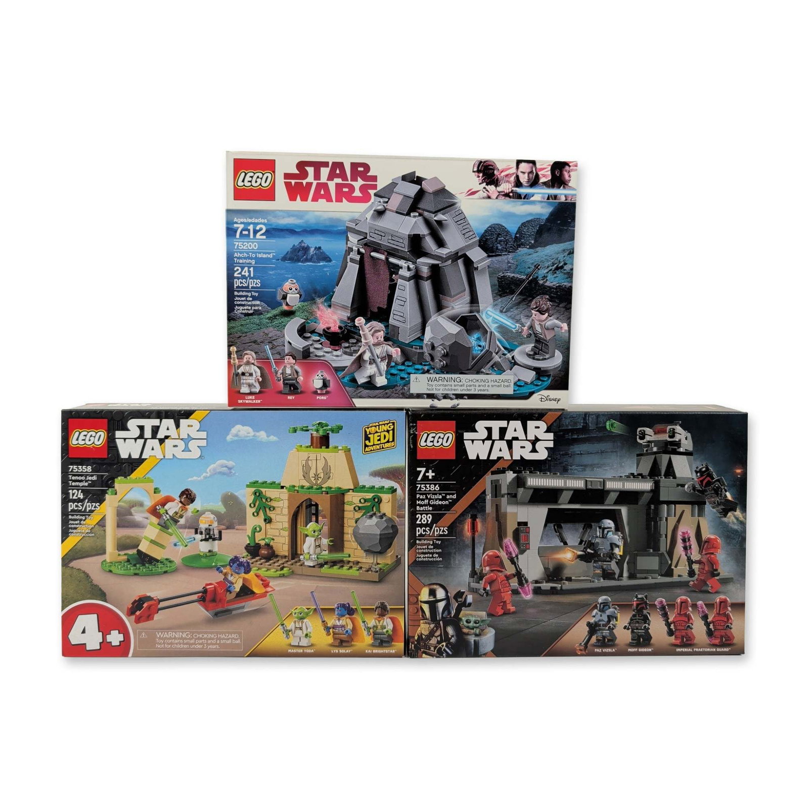 LEGO Star Wars 3-Set Collection: Ahch-To Training, Tenoo Temple, & Mandalorian Battle: LEGO. Three Star Wars building sets in plastic, including set numbers 75200, 75358, and 75386. The grouping features the retired Ahch-To Island Training set with Old Luke Skywalker, Rey, and a Porg; t