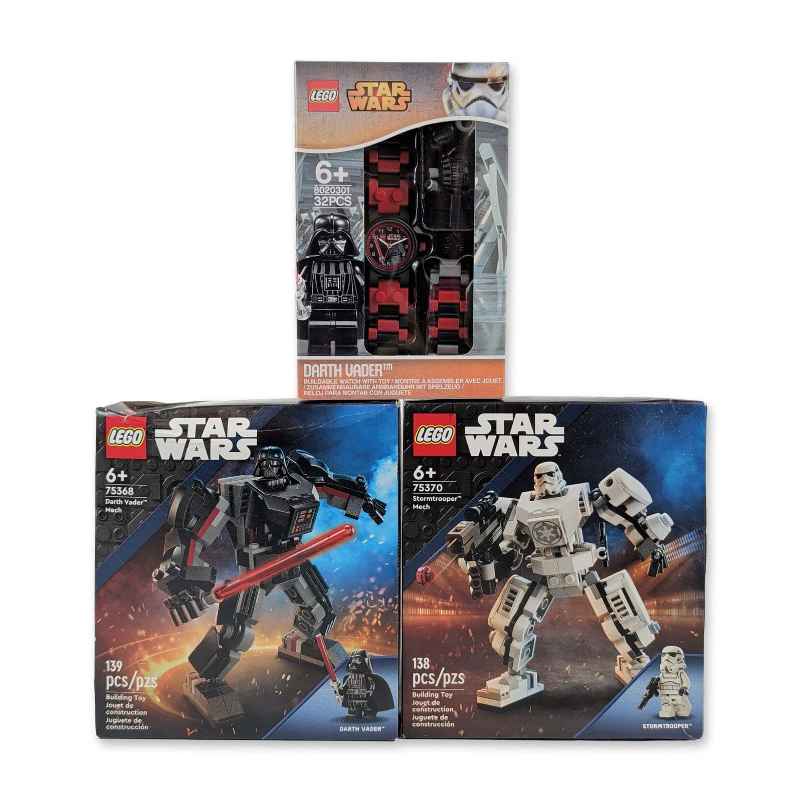 3pc Star Wars LEGO Bundle: Vader Mech 75368, Stormtrooper Mech 75370, & ClicTime Watch: Trio of Star Wars themed LEGO items, comprising two articulated mech building sets and one buildable watch. Includes LEGO 75368 Darth Vader Mech with 139 pieces and LEGO 75370 Stormtrooper Mech with 1