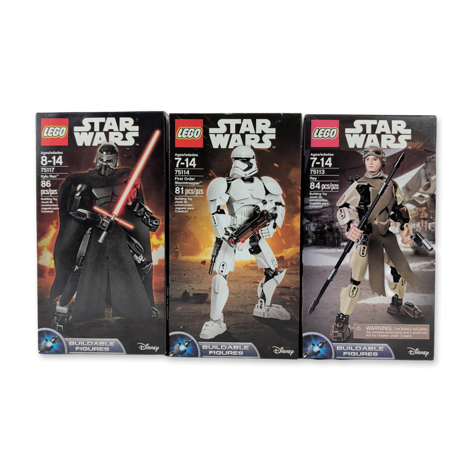 3pc LEGO Star Wars Buildable Figures Construction Sets: Collection includes Set No. 75113 Rey, Set No. 75114 First Order Stormtrooper, and Set No. 75117 Kylo Ren. Released in 2016, these sets utilize technical building systems to create articulated action 