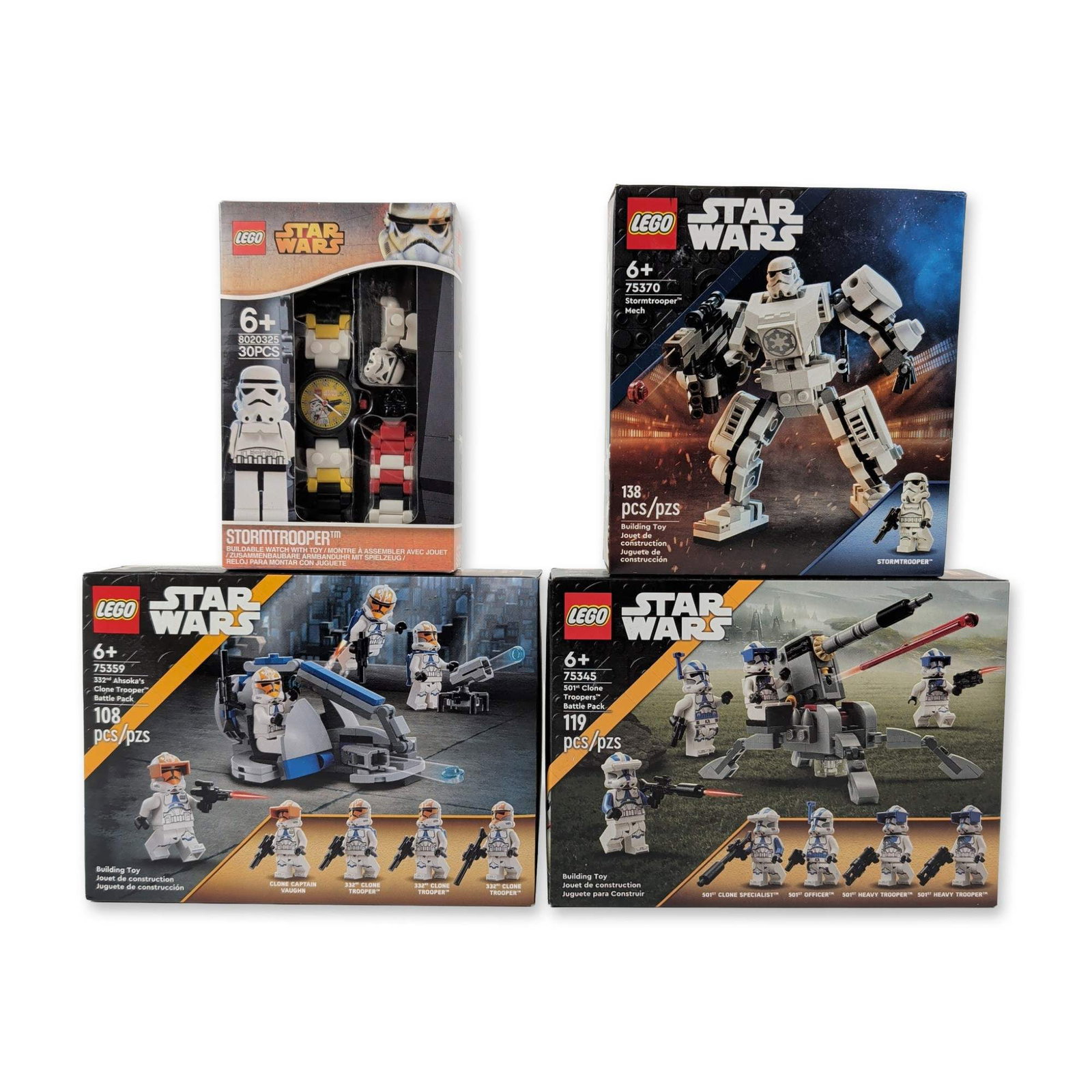 Group of Four LEGO Star Wars Building Sets: The LEGO Group offers a Star Wars collection featuring three construction sets and a buildable watch. Included are set 75370 Stormtrooper Mech with 138 pieces, set 75345 501st Clone Troopers Battle Pa