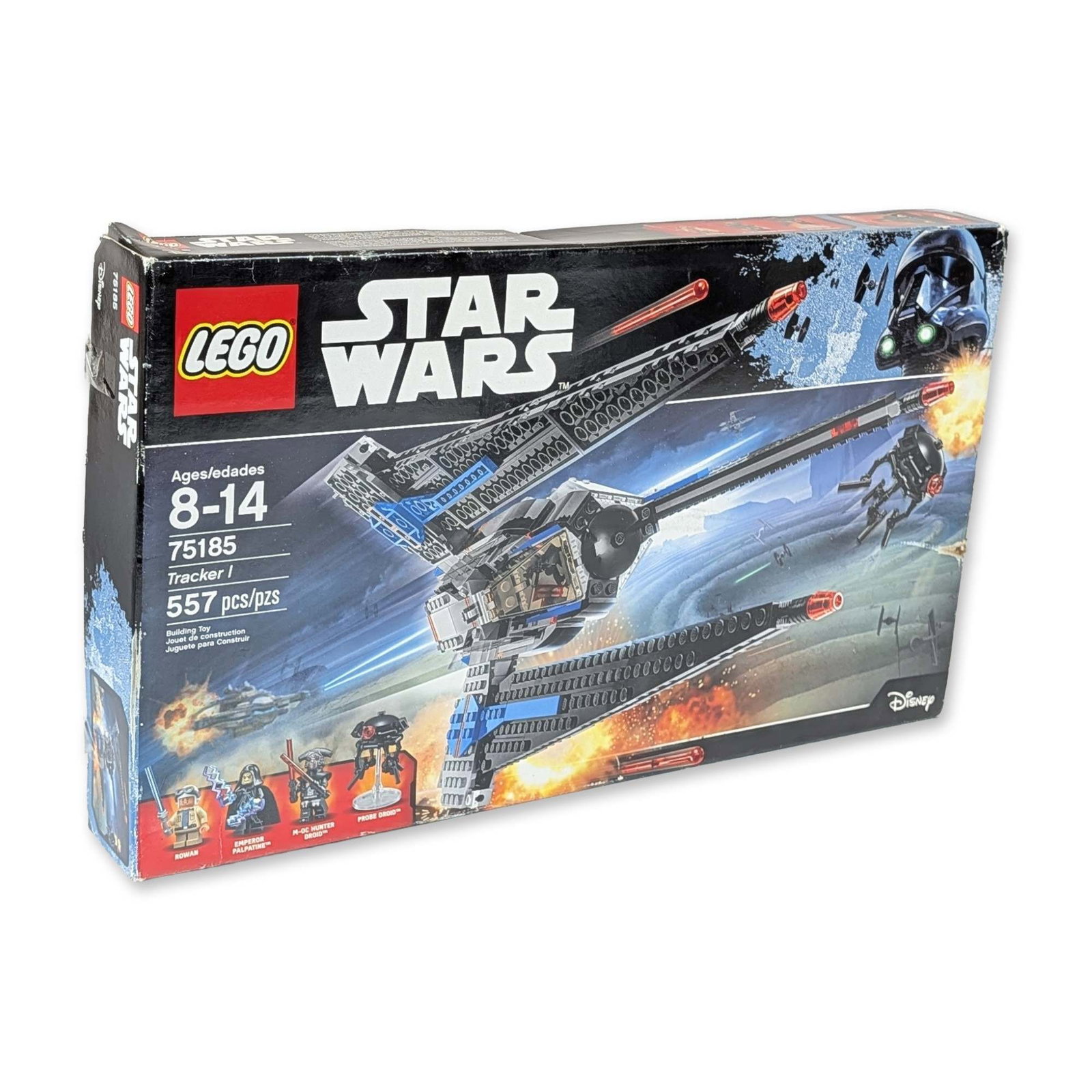 LEGO Star Wars 75185 Tracker I Set: The LEGO Group. Star Wars Tracker I construction set, model 75185, in plastic, featuring three folding wings, an opening cockpit, side-access storage bay, and spring-loaded shooters. Includes four fig