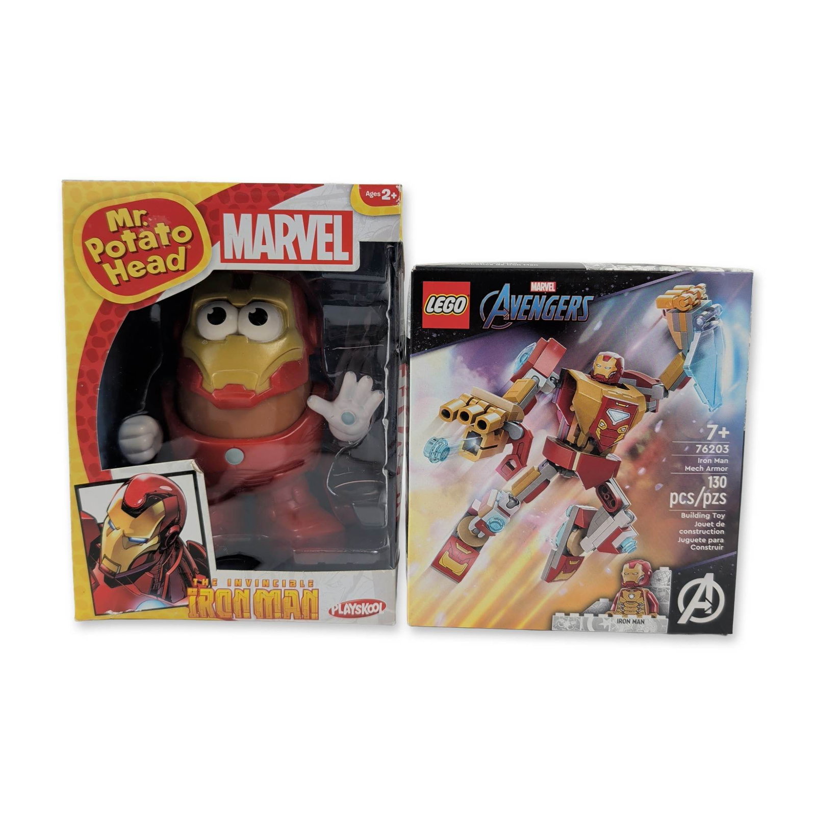 Two LEGO and Mr. Potato Head Iron Man Toys: LEGO and PPW Toys. Group of two Marvel-themed toy items in original retail packaging. Includes one LEGO Marvel Avengers Iron Man Mech Armor building set, model 76203, featuring 130 plastic pieces for 