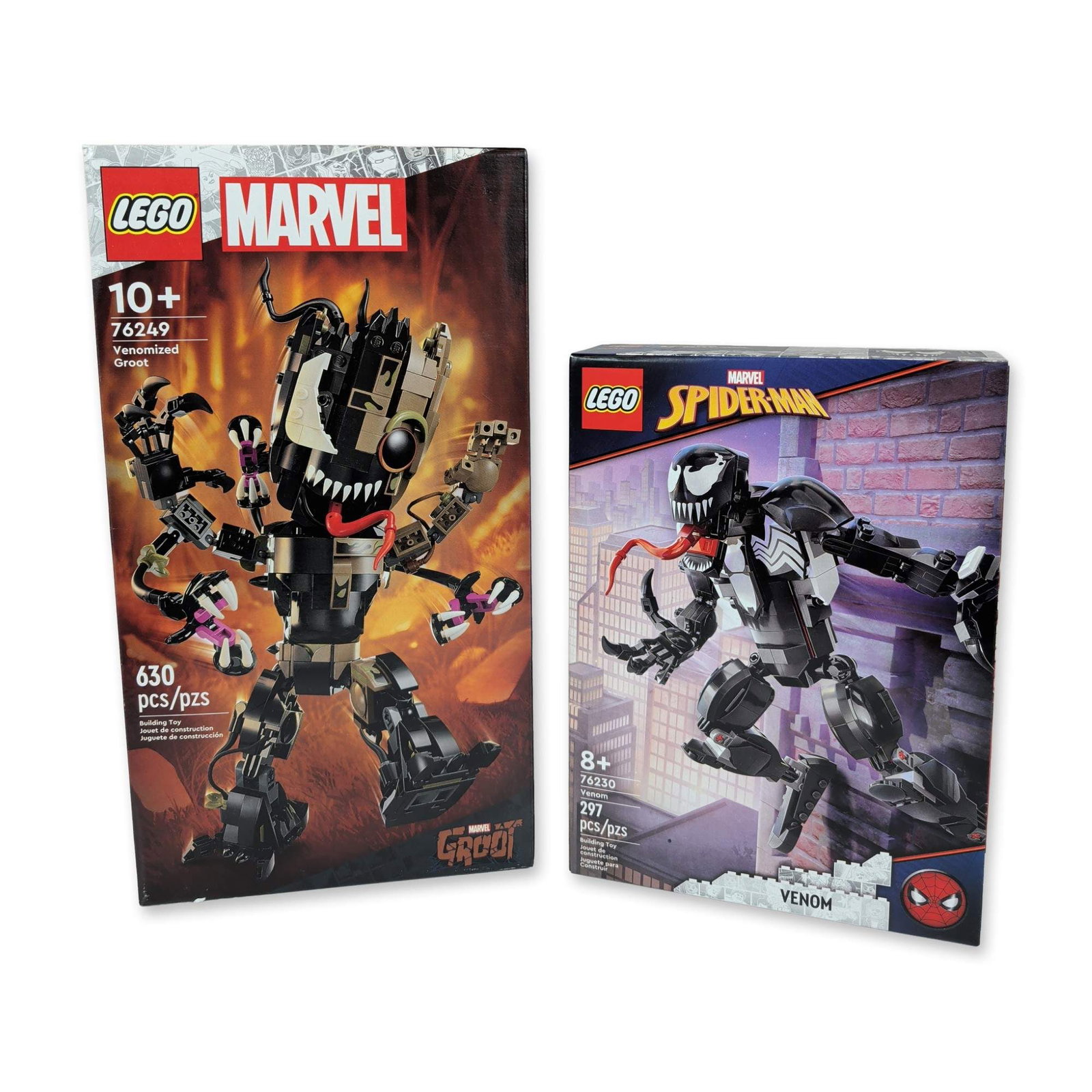 LEGO Marvel Venom and Venomized Groot Building Sets: The LEGO Group. Pair of Marvel themed building sets in plastic, featuring Venom and Venomized Groot character figures. LEGO Marvel Spider-Man Venom Figure (Set 76230) includes a buildable, fully joint