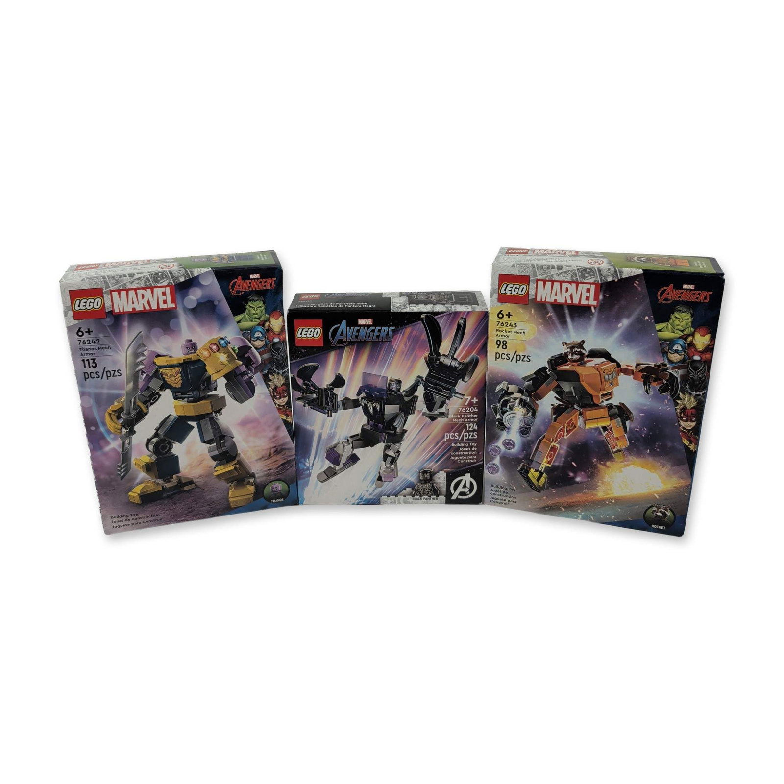 Three LEGO Marvel Avengers Mech Armor Sets: LEGO Marvel. Trio of construction sets in injection-molded plastic, featuring character-themed mech armor. Included sets are 76204 Black Panther Mech Armor (124 pieces), 76242 Thanos Mech Armor (113 p