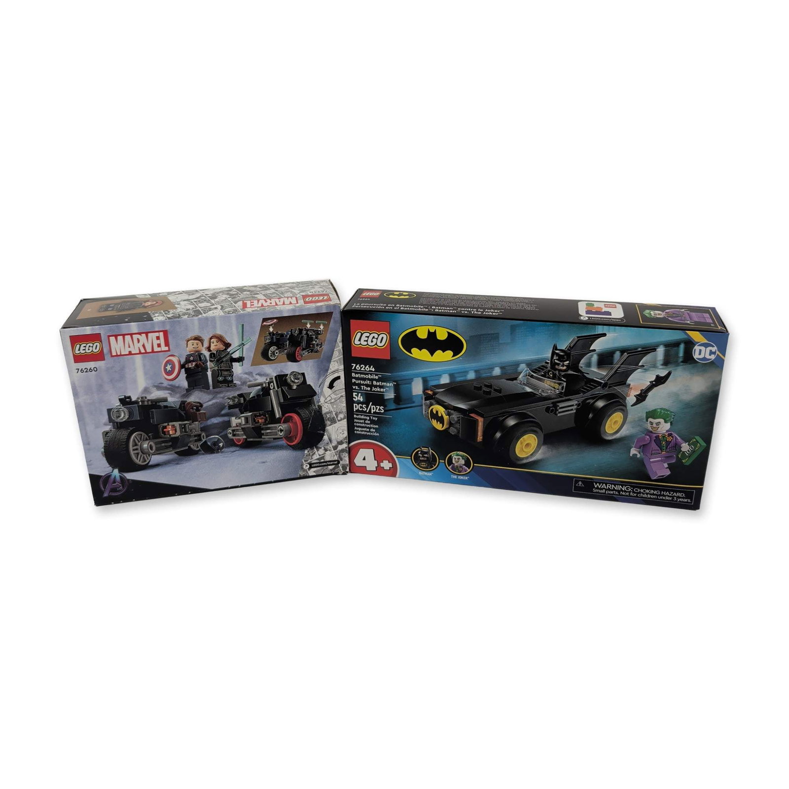 Pair of LEGO Super Heroes Construction Sets: LEGO Group. Two construction sets in plastic, featuring characters from the DC Batman and Marvel Infinity Saga franchises. Set 76264, Batmobile Pursuit: Batman vs. The Joker, consists of 54 pieces and