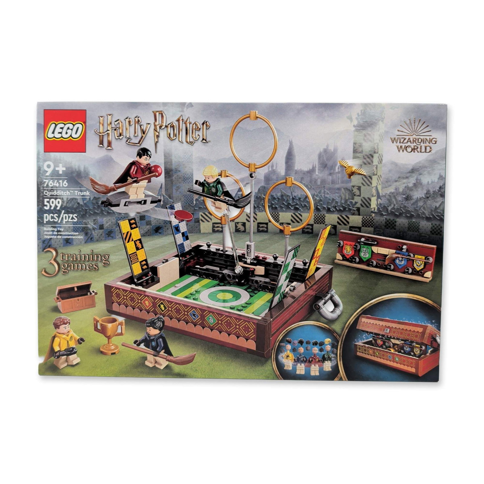 LEGO Harry Potter Quidditch Trunk 76416: The LEGO Harry Potter Quidditch Trunk set, number 76416, comes with 599 pieces and a clever portable trunk design that opens to reveal a Quidditch pitch. It features three customizable training games 