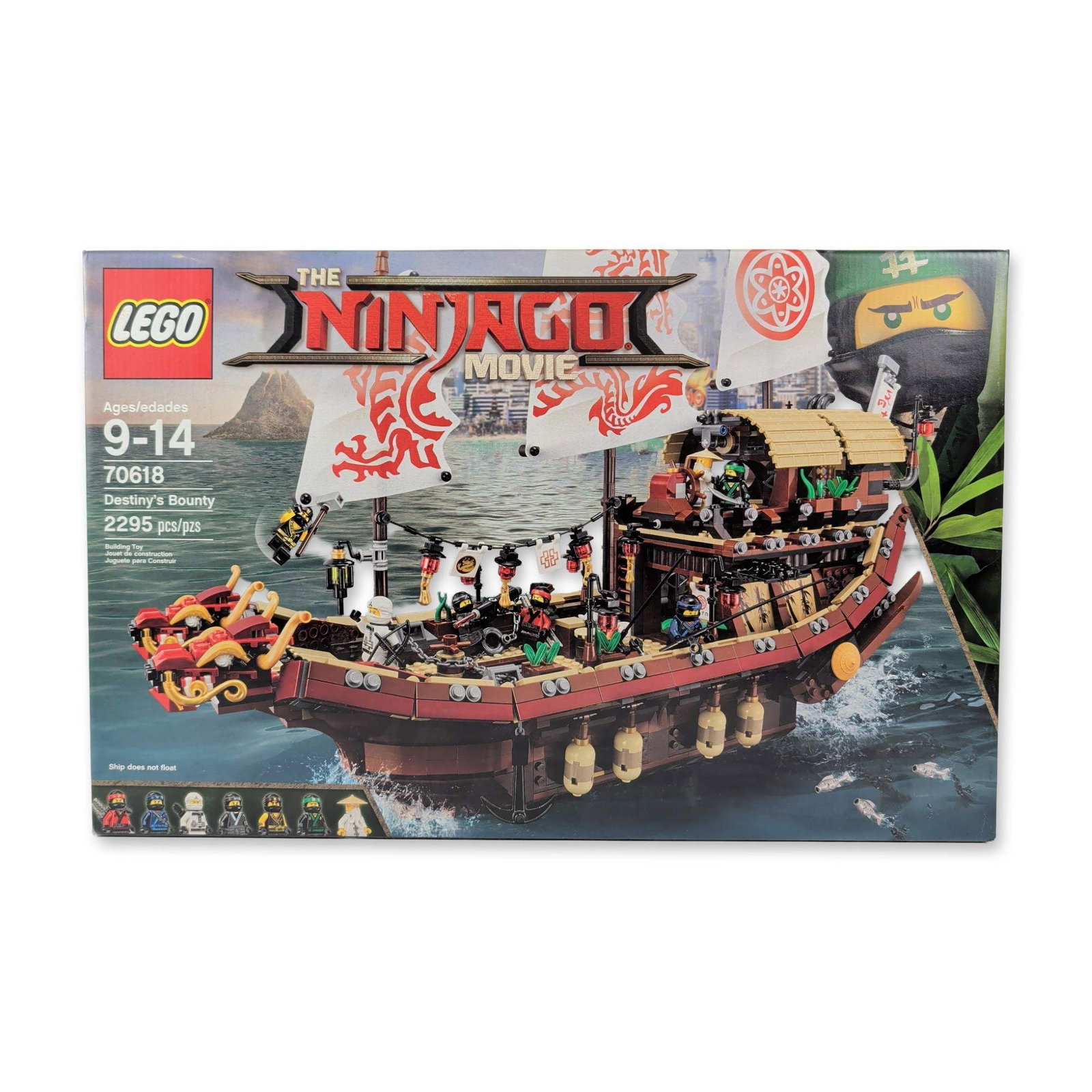 LEGO Ninjago Movie 70618 Destiny's Bounty Building Set: LEGO. The LEGO Ninjago Movie Destiny's Bounty set 70618 in plastic construction components, featuring a multi-level junk-style ship with decorated sails, wind-up anchors, and a double-headed dragon bo