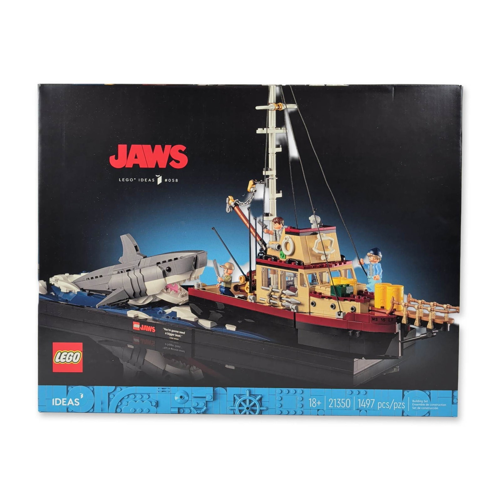 LEGO Ideas Jaws Building Set 21350: LEGO. Building set in plastic from the Ideas series, model number 21350, based on the motion picture Jaws. The 1,497-piece construction set features the Orca boat, a brick-built Great White Shark, and